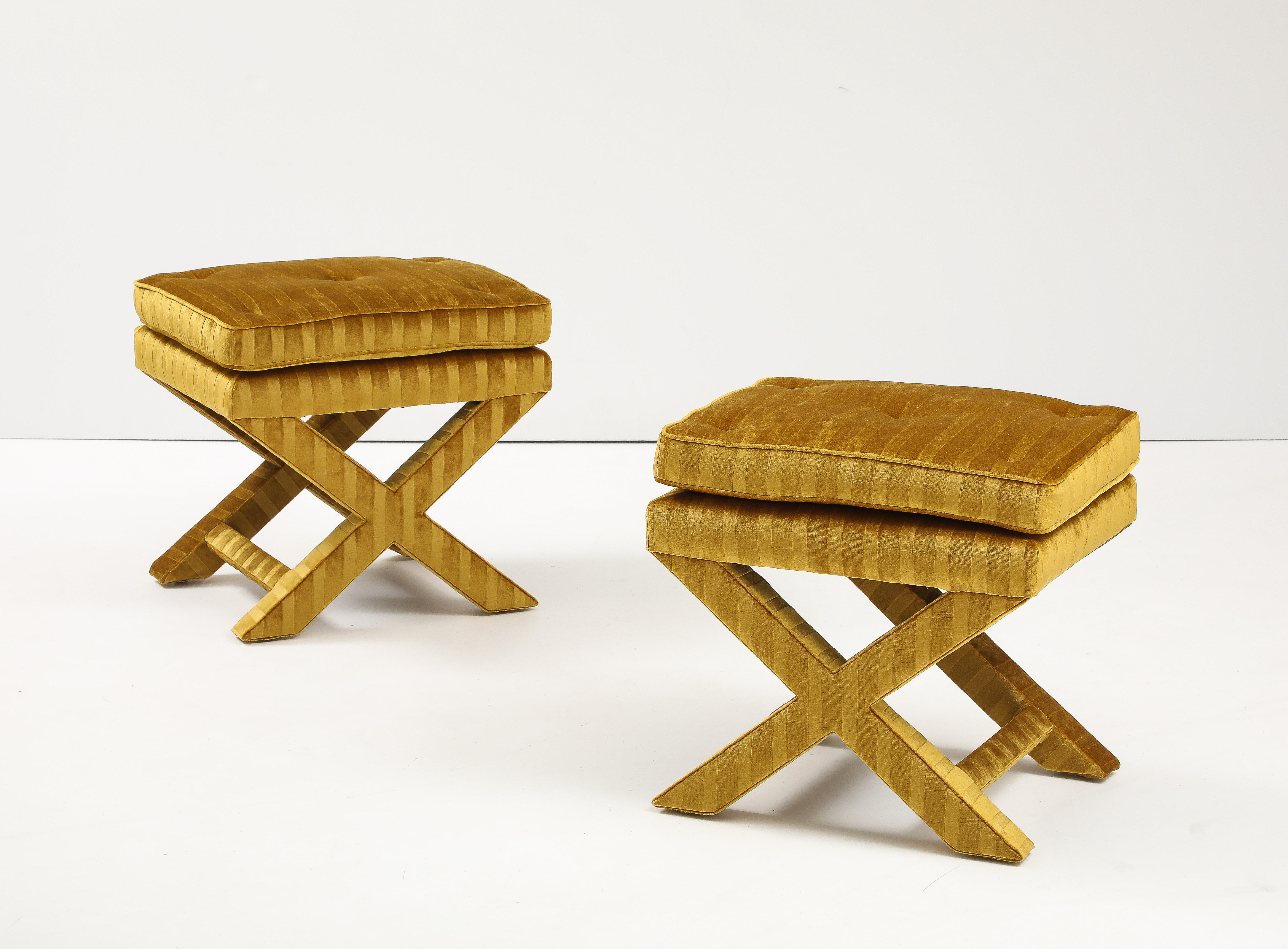Late 20th Century 1970's X Base Ottomans In Velvet Upholstery Attributed To Milo Baughman For Sale