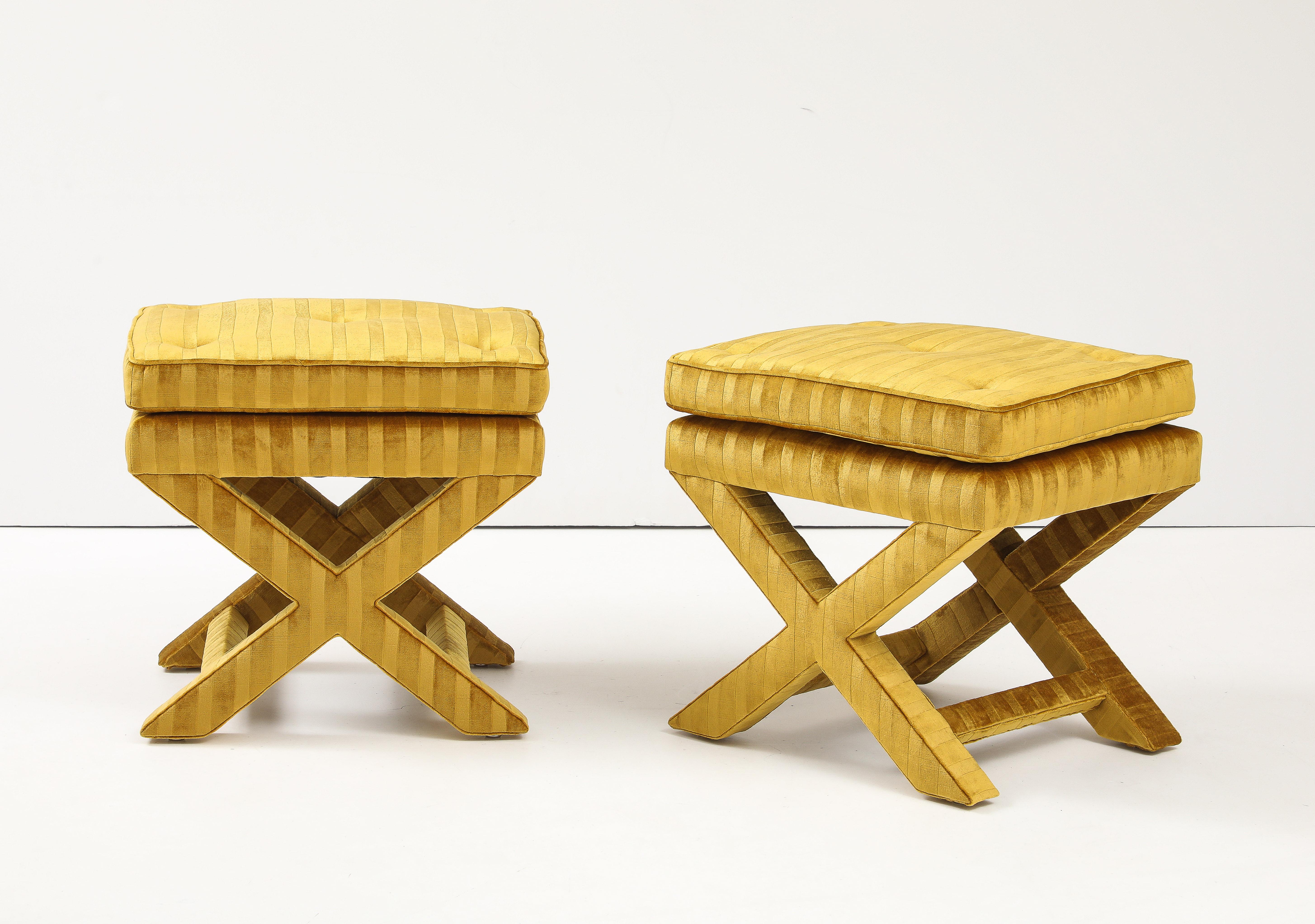 1970's X Base Ottomans In Velvet Upholstery Attributed To Milo Baughman For Sale 1