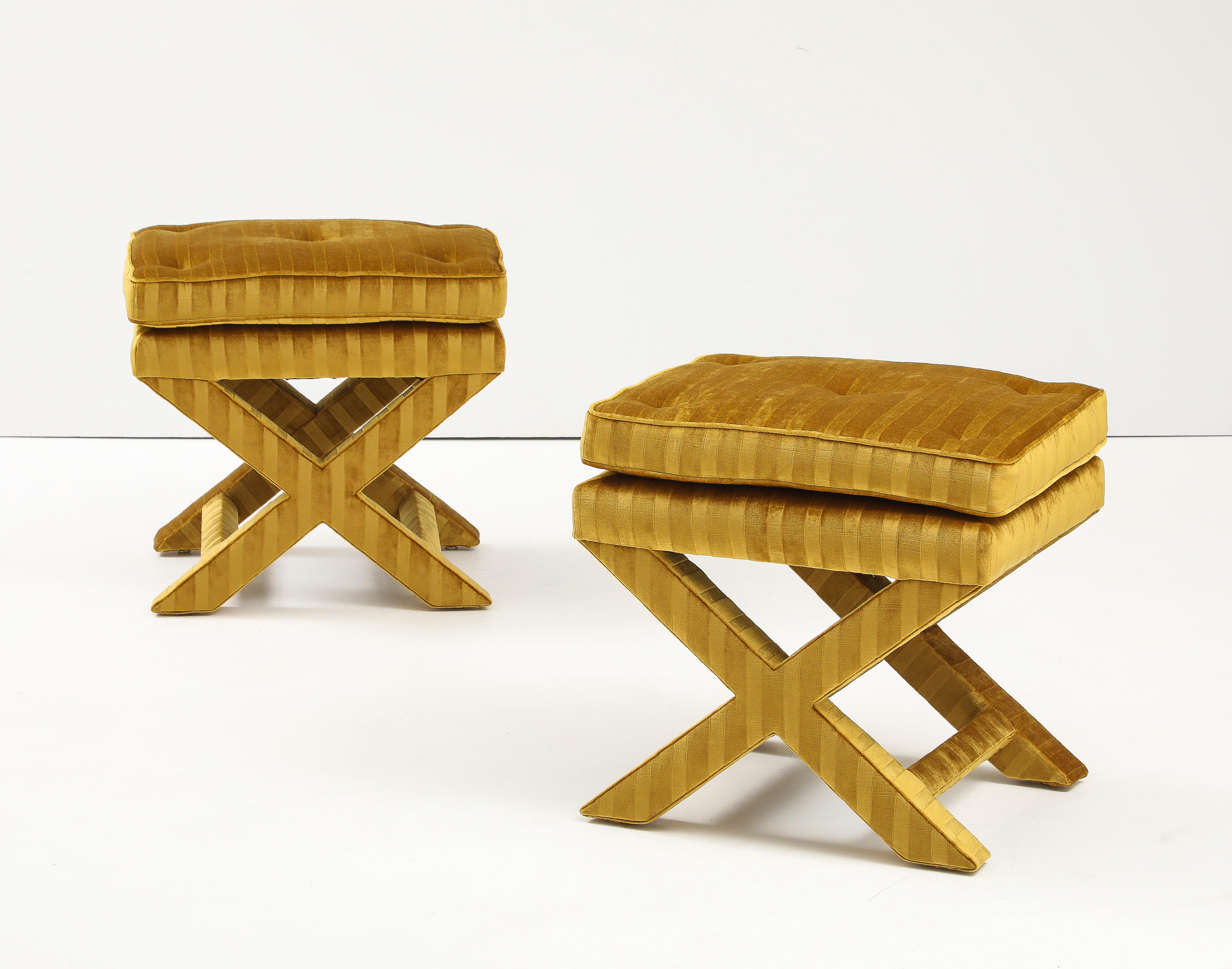 1970's X Base Ottomans In Velvet Upholstery Attributed To Milo Baughman For Sale 2