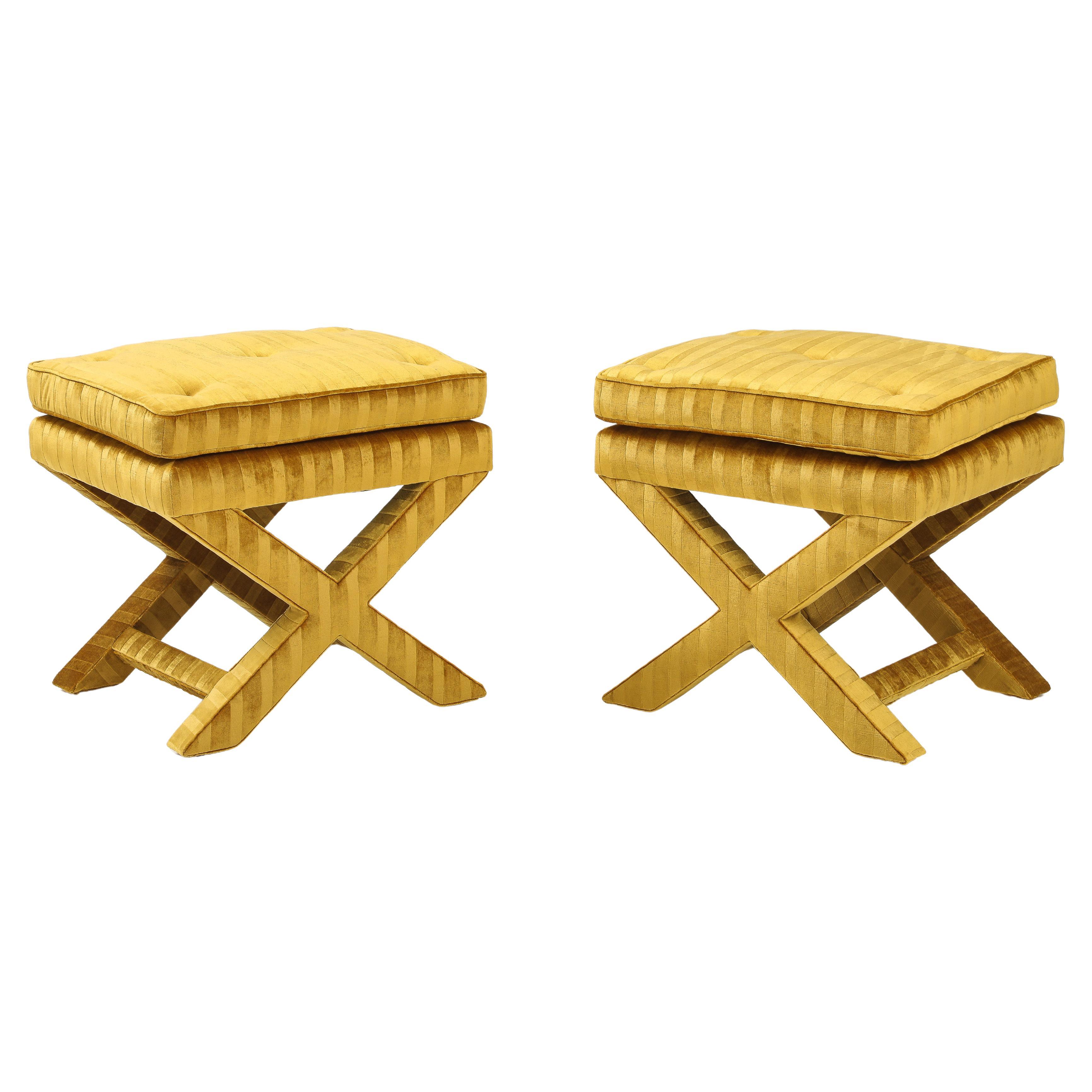 1970's X Base Ottomans In Velvet Upholstery Attributed To Milo Baughman For Sale