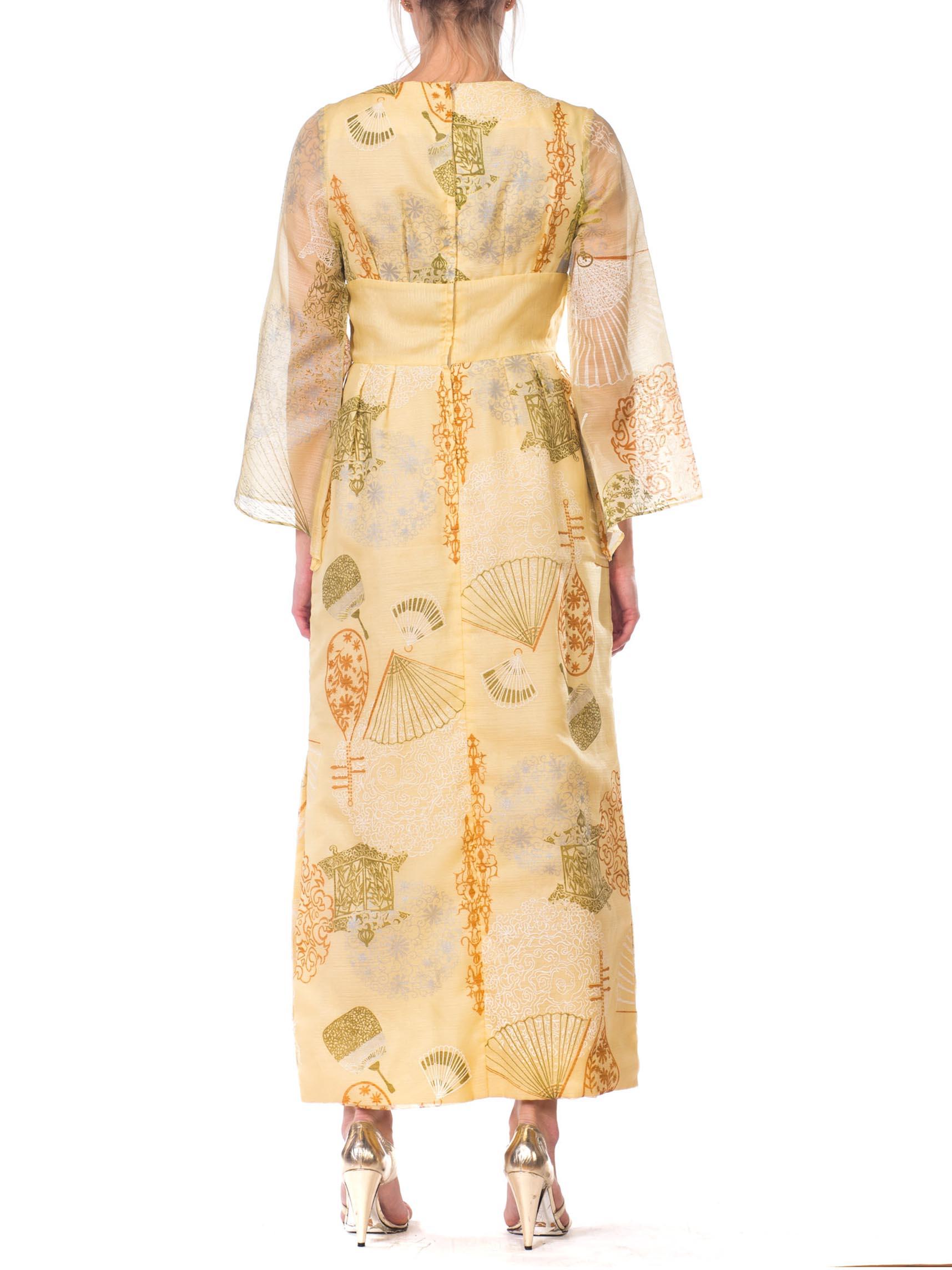 Beige 1970S ALFRED SHAHEEN Yellow Asian Fan Printed Hawaiian Dress