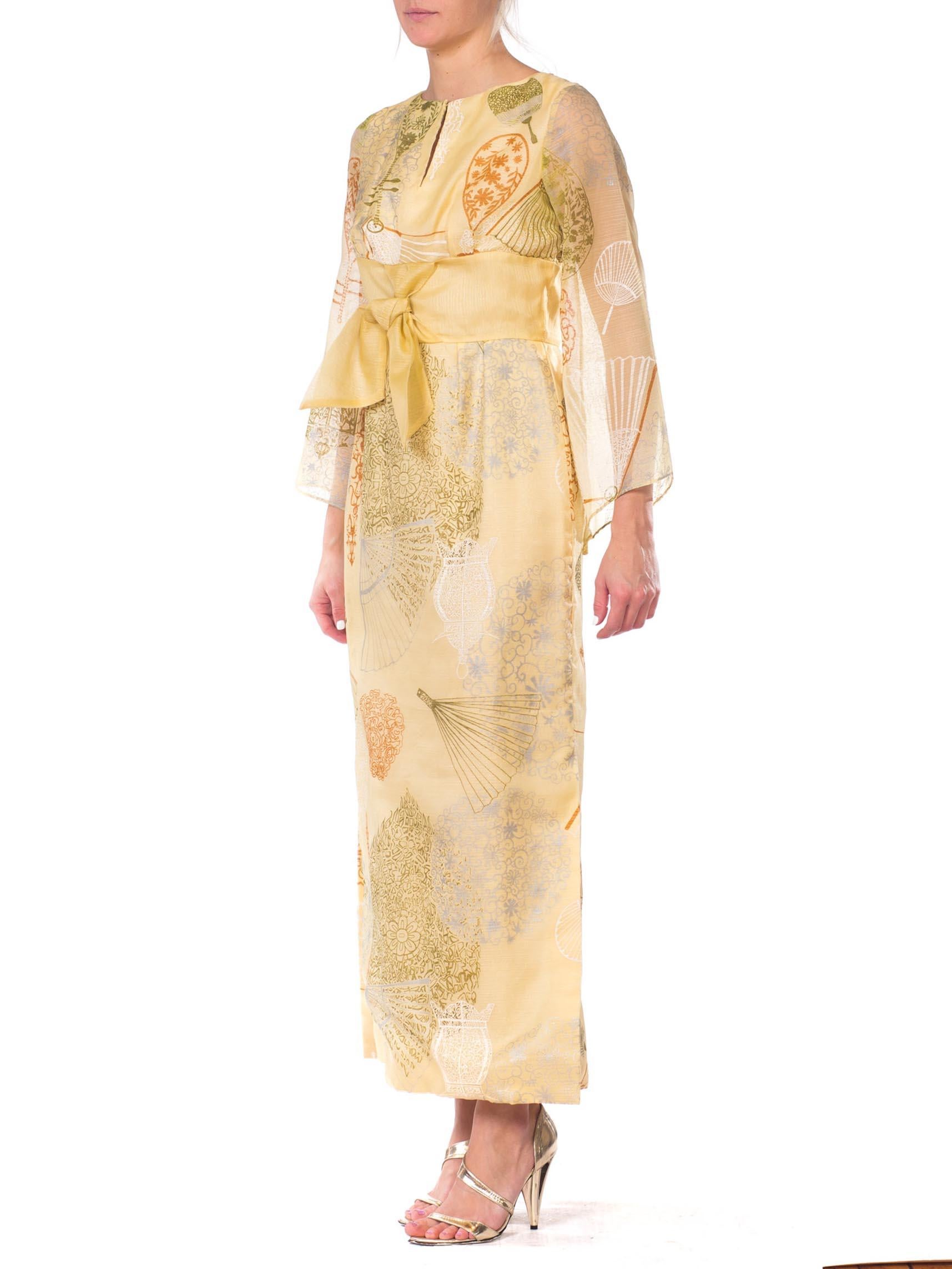 1970S ALFRED SHAHEEN Yellow Asian Fan Printed Hawaiian Dress 1