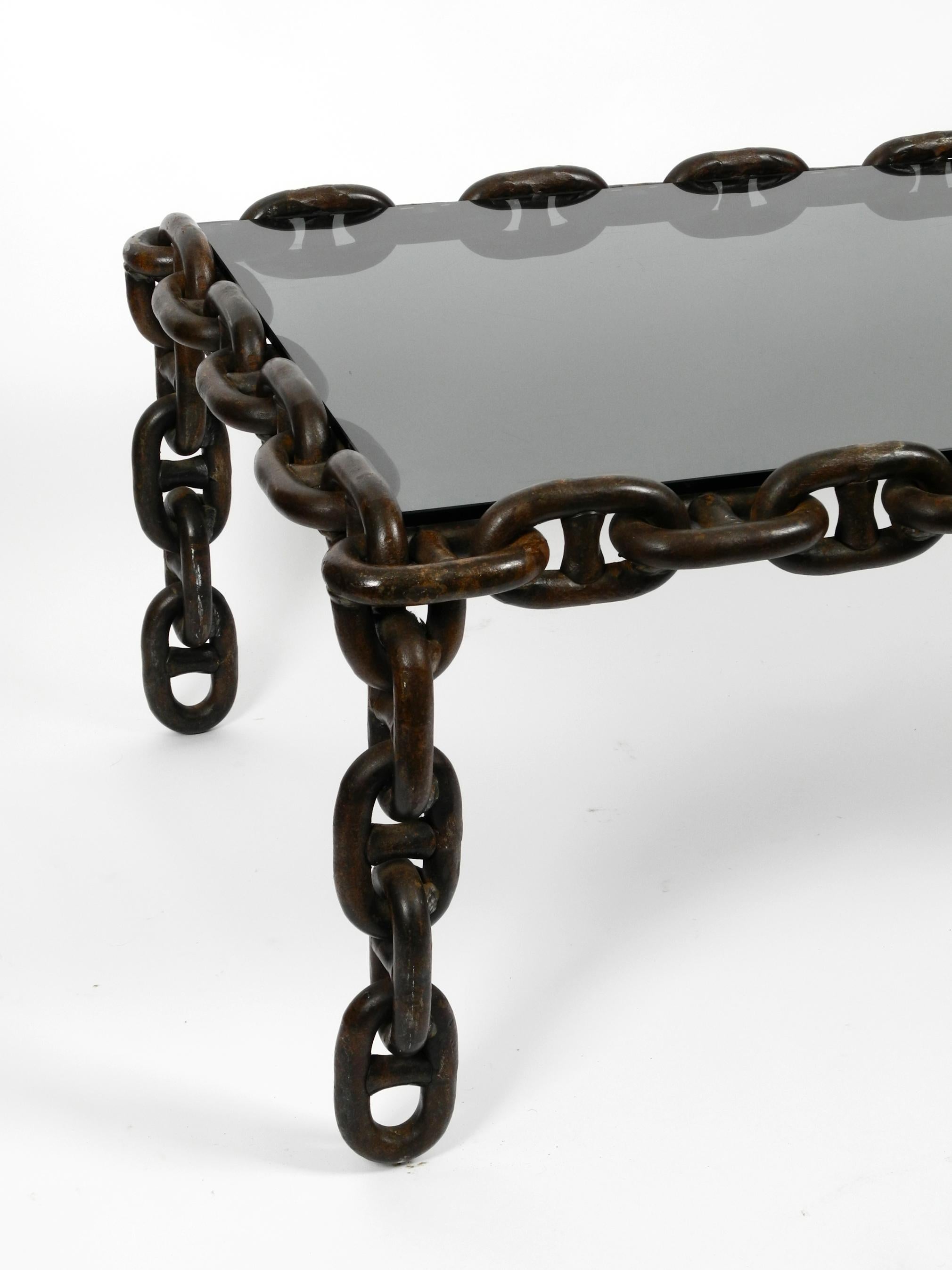 European 1970s XL Coffee Table Made of Nautical Iron Chain and a Thick Smoked Glass Plate For Sale