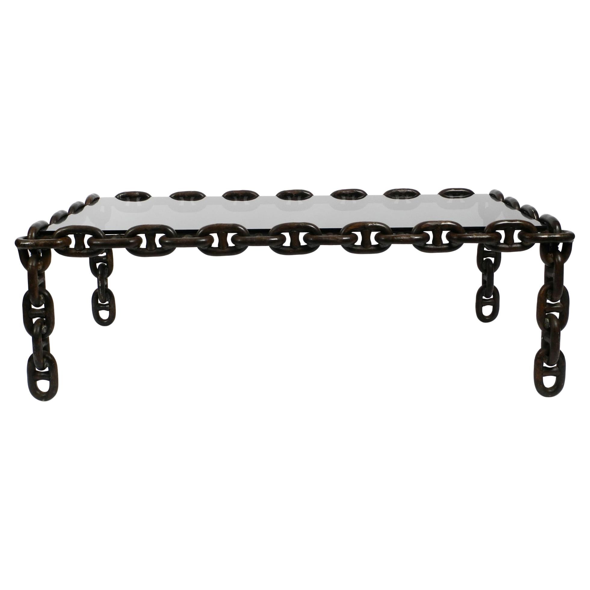 1970s XL Coffee Table Made of Nautical Iron Chain and a Thick Smoked Glass Plate For Sale