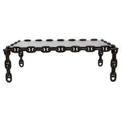 Vintage 1970s XL Coffee Table Made of Nautical Iron Chain and a Thick Smoked Glass Plate