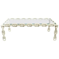 1970s XL Coffee Table Made of Nautical Iron Chain with a Thick Clear Glass Plate