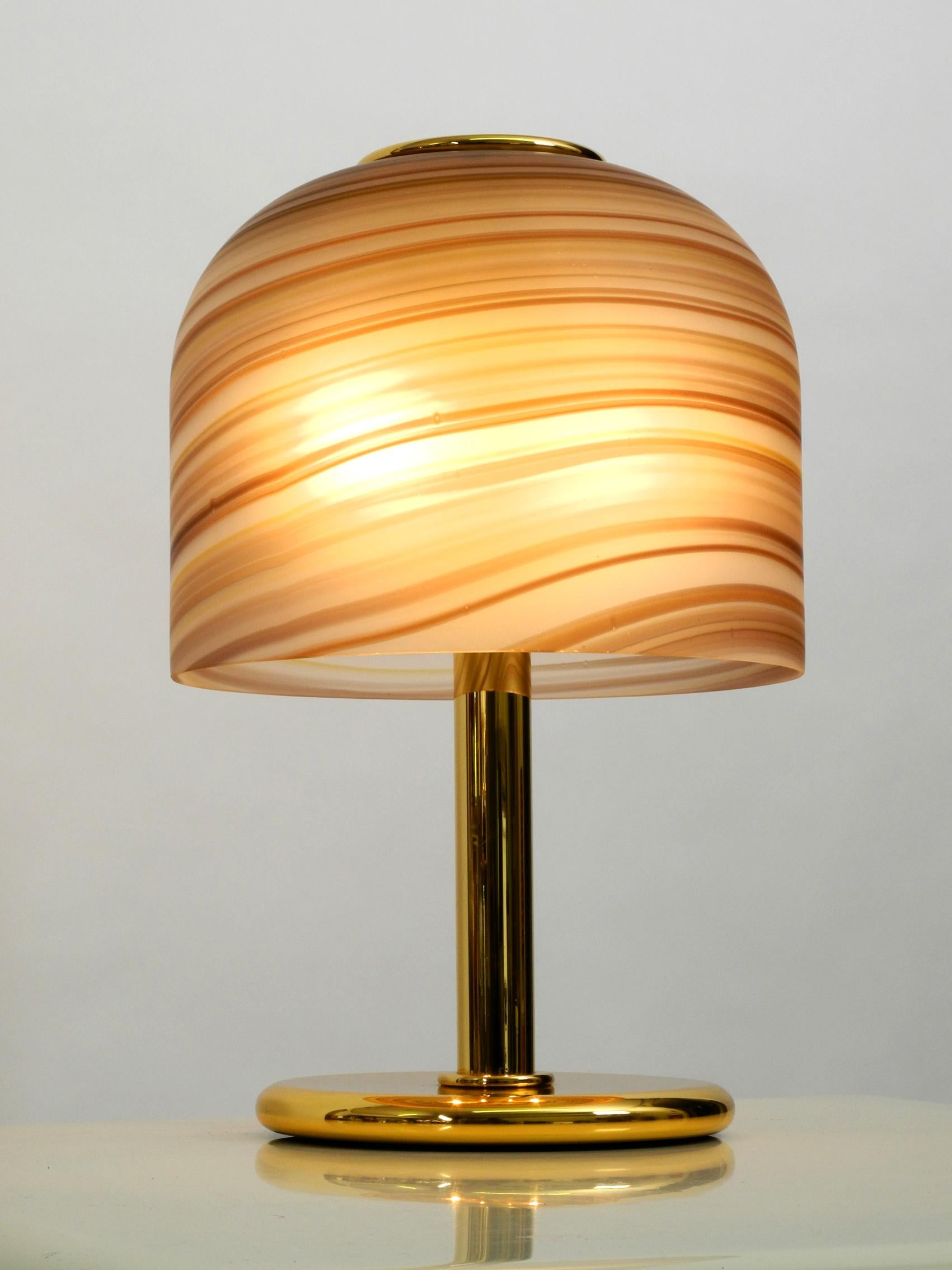 1970s XL Italian Table Lamp Made of Brass with Large Striped Murano Glass Shade 6