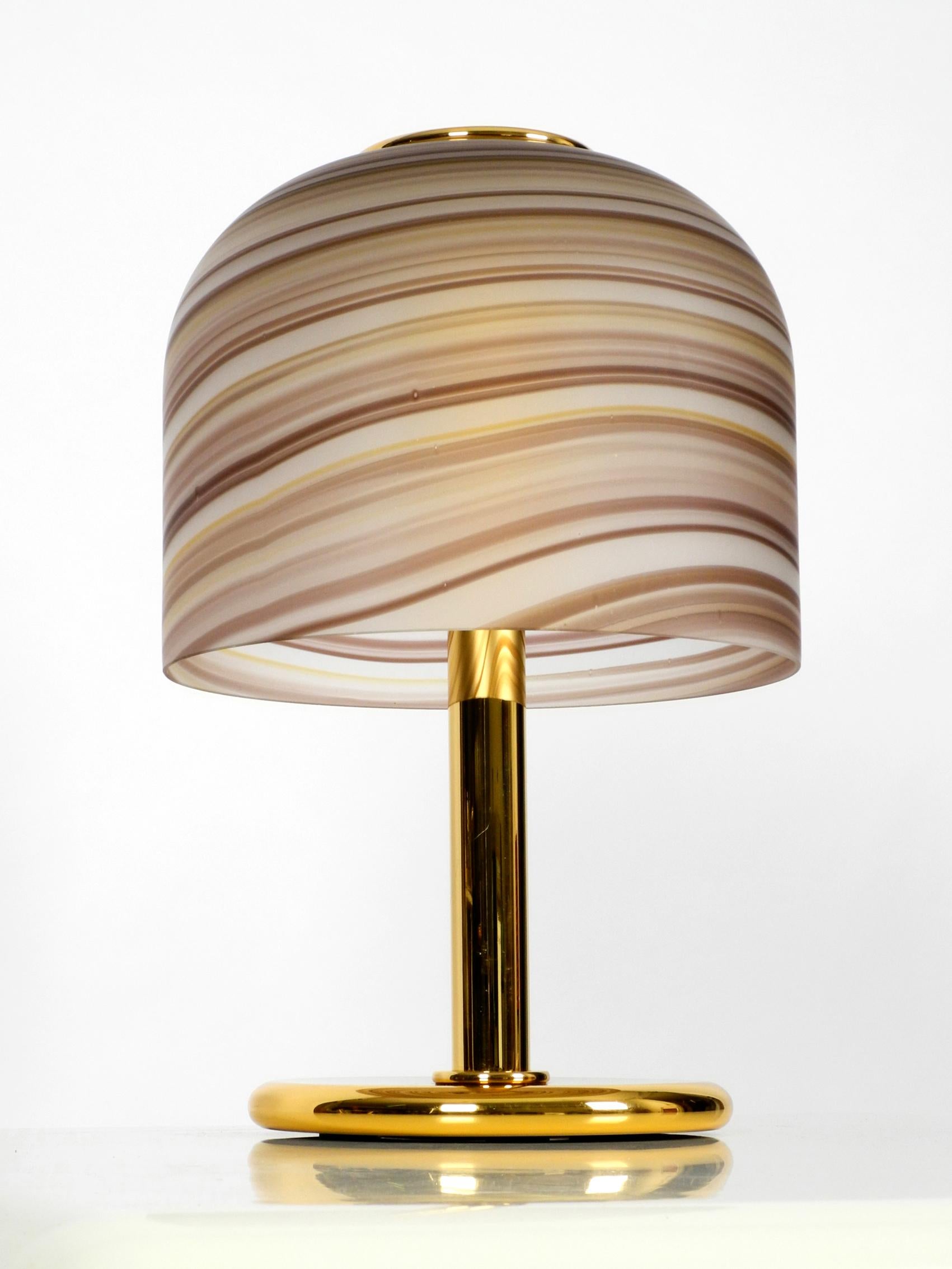 1970s XL Italian Table Lamp Made of Brass with Large Striped Murano Glass Shade 9