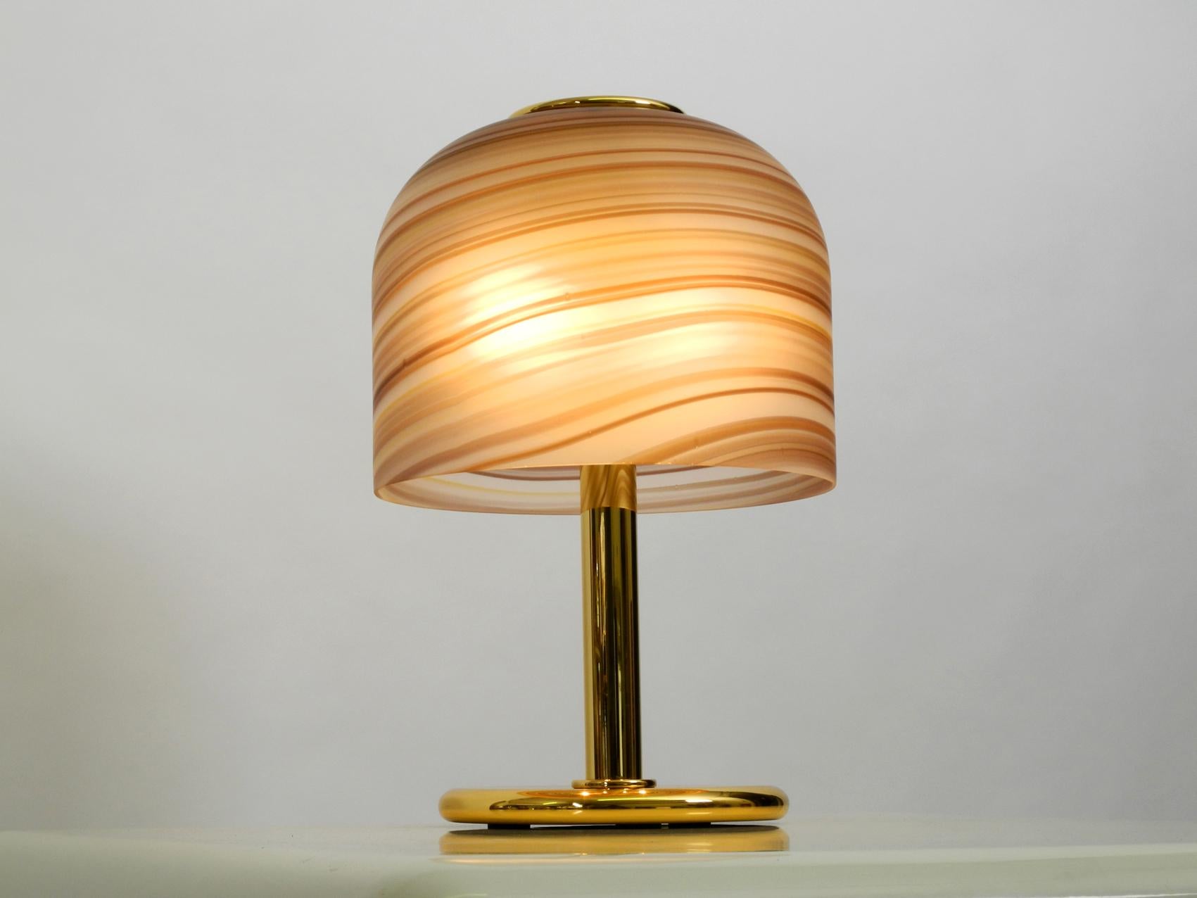 Hollywood Regency 1970s XL Italian Table Lamp Made of Brass with Large Striped Murano Glass Shade