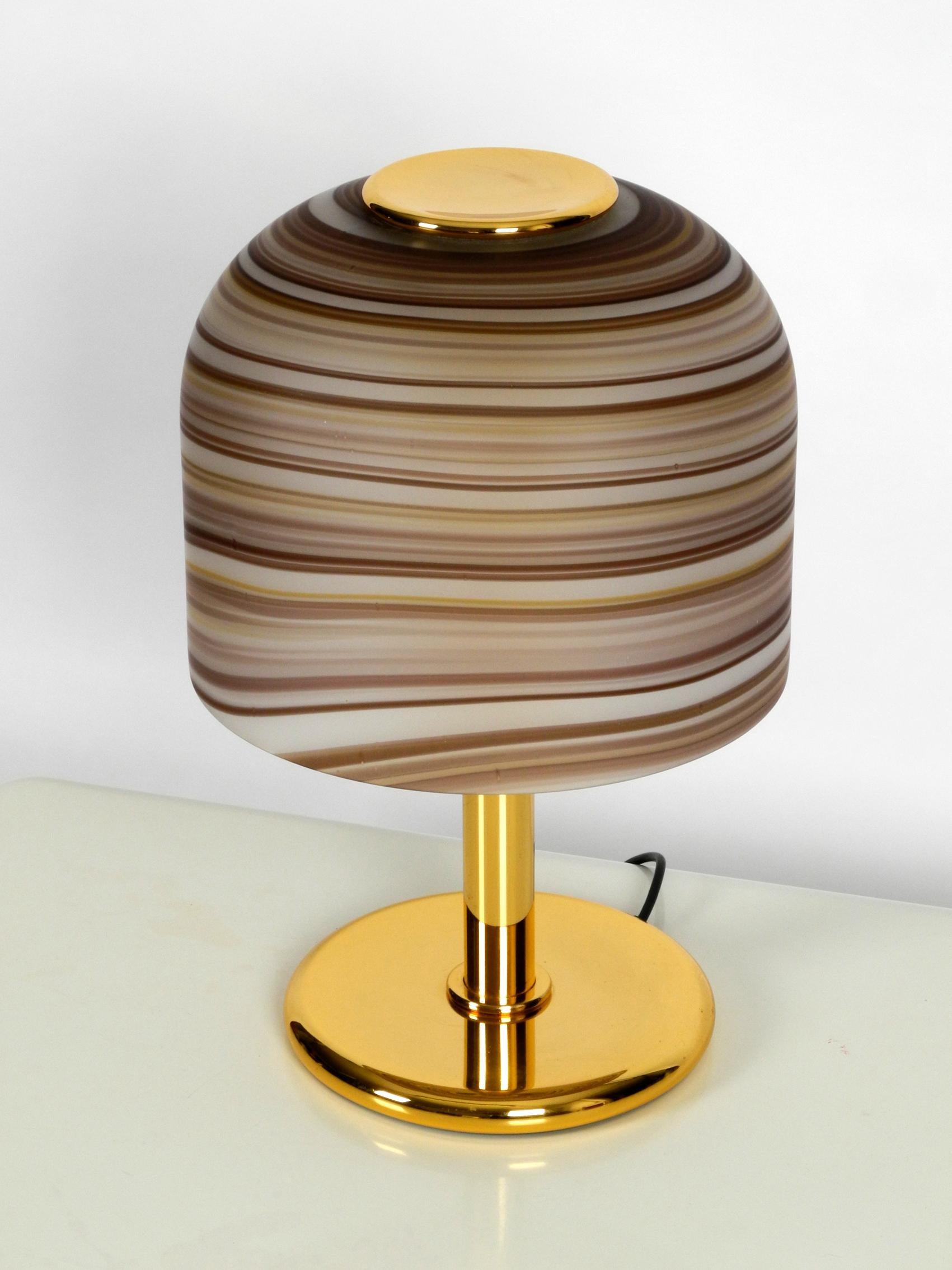 Late 20th Century 1970s XL Italian Table Lamp Made of Brass with Large Striped Murano Glass Shade