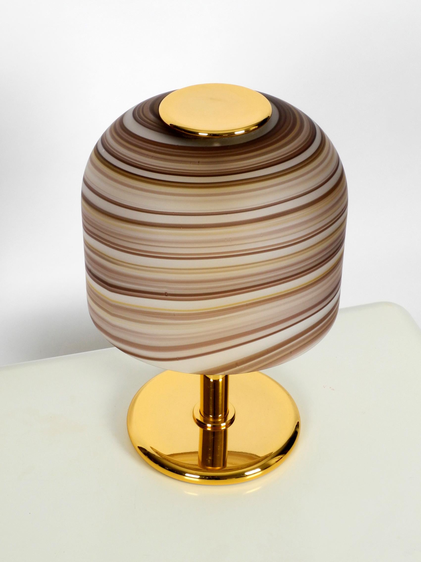 1970s XL Italian Table Lamp Made of Brass with Large Striped Murano Glass Shade 1