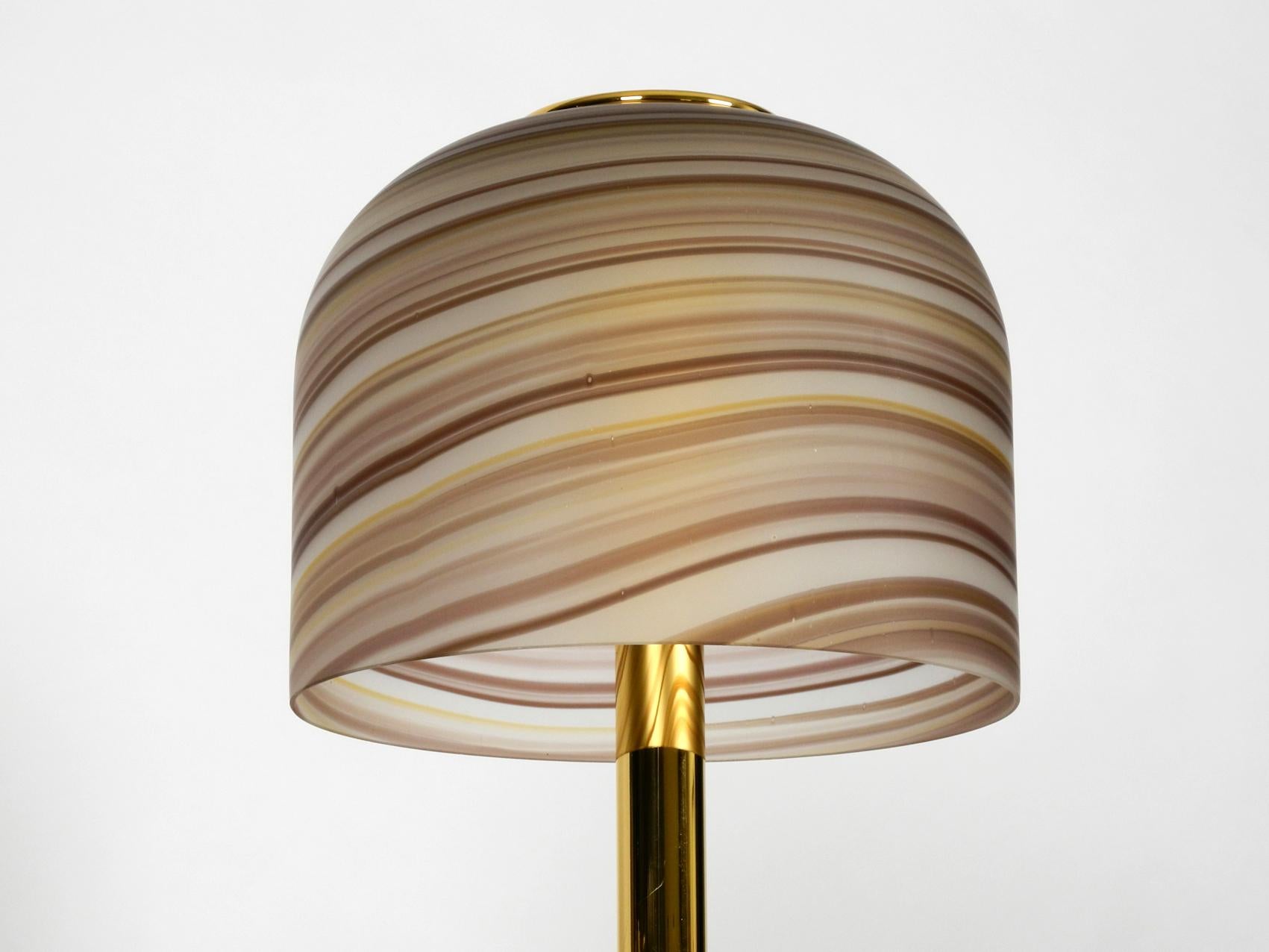 1970s XL Italian Table Lamp Made of Brass with Large Striped Murano Glass Shade 3