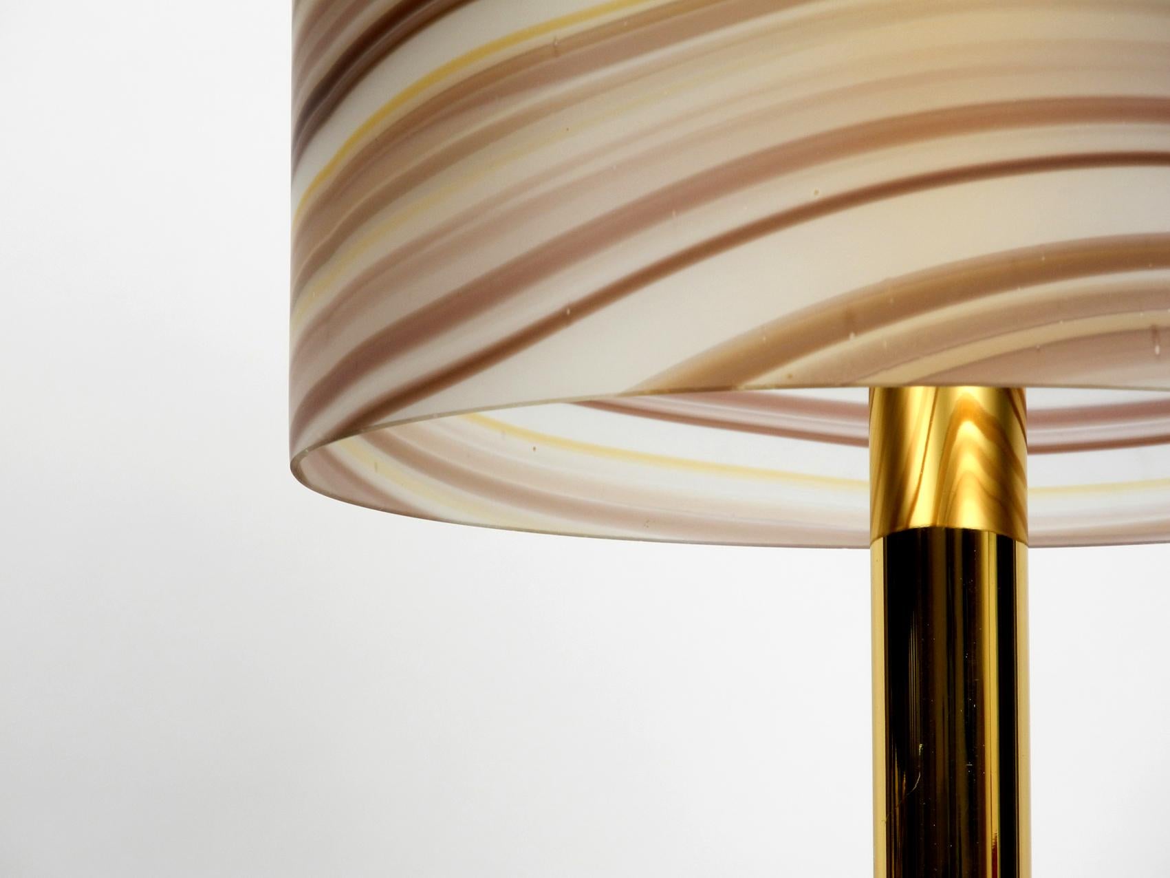 1970s XL Italian Table Lamp Made of Brass with Large Striped Murano Glass Shade 4