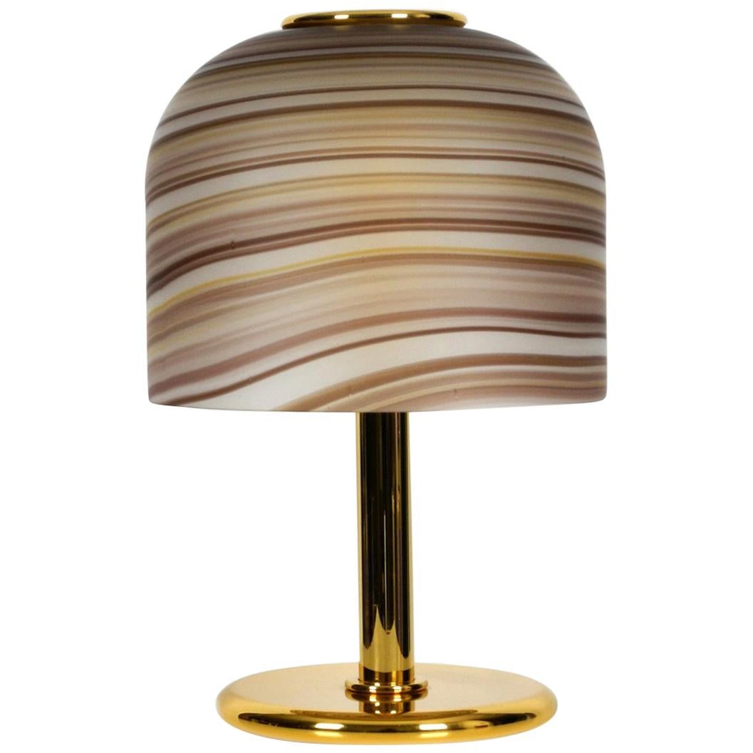 1970s XL Italian Table Lamp Made of Brass with Large Striped Murano Glass Shade