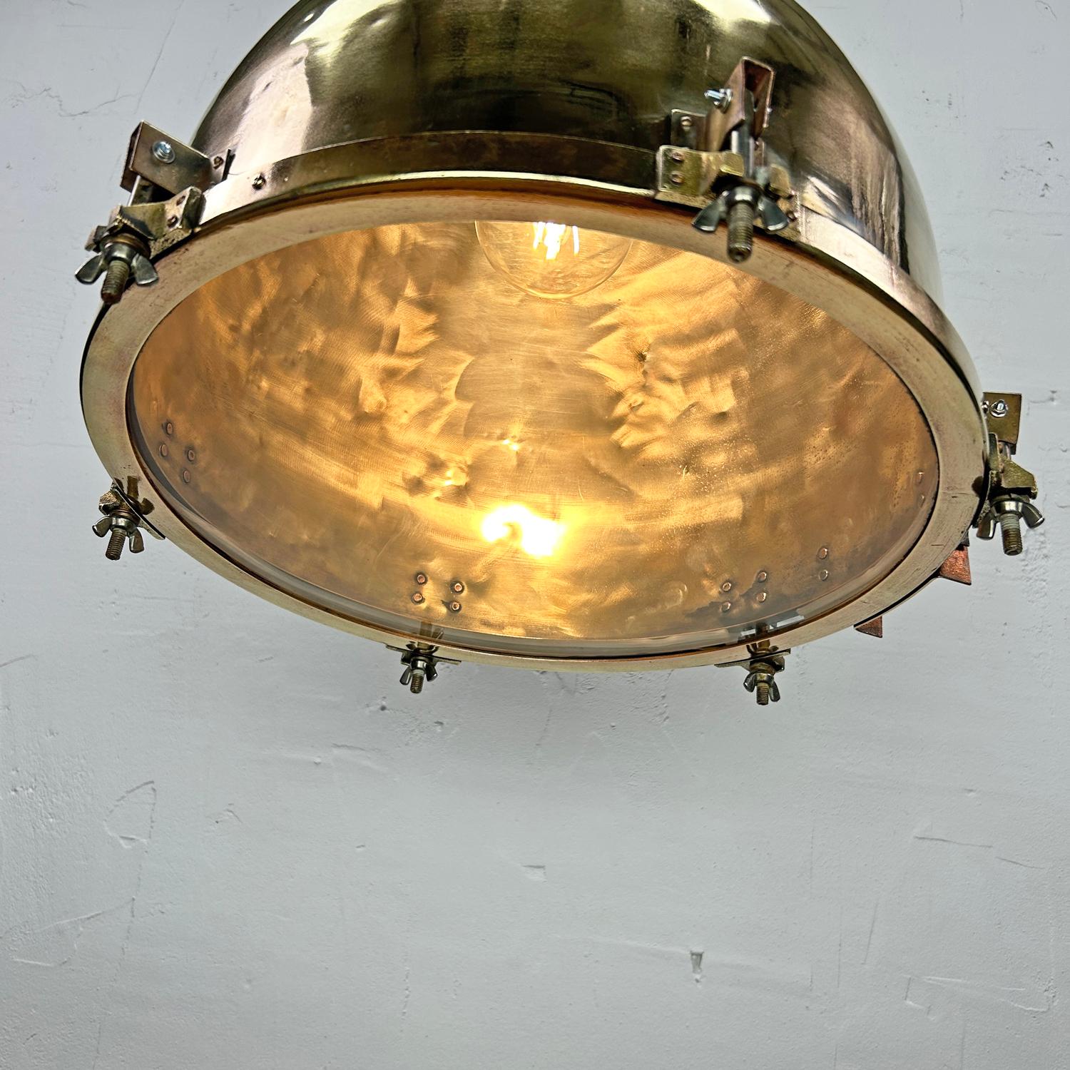 1970's XL Japanese Brass Marine Nautical Searchlight Pendant Ceiling Lamp For Sale 4