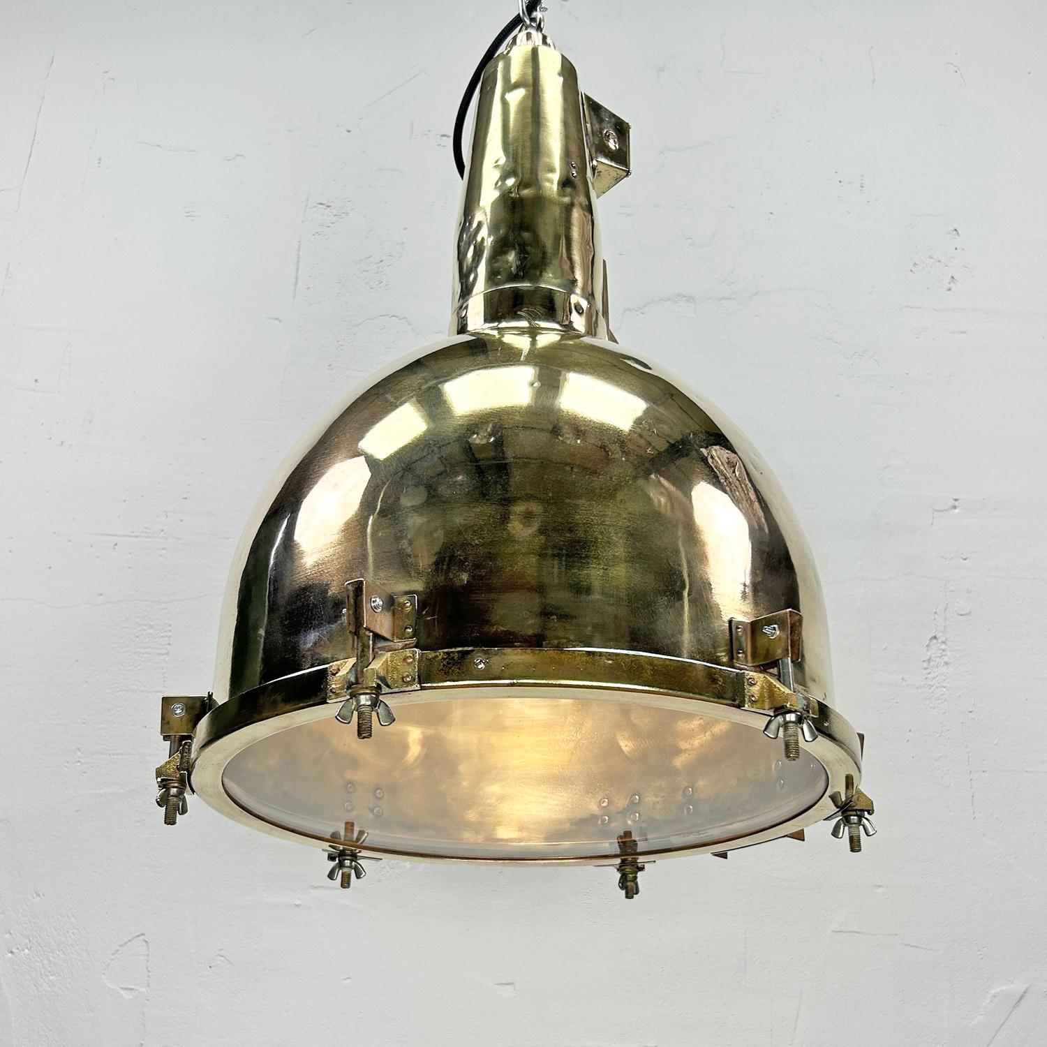 Industrial 1970's XL Japanese Brass Marine Nautical Searchlight Pendant Ceiling Lamp For Sale