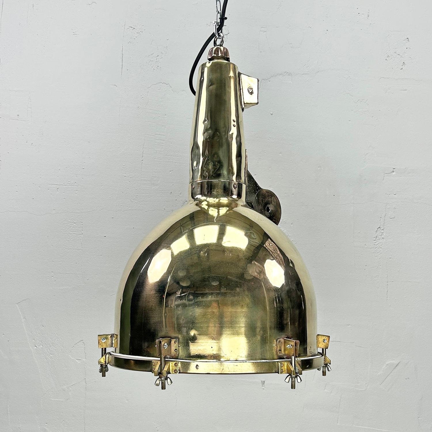 Cast 1970's XL Japanese Brass Marine Nautical Searchlight Pendant Ceiling Lamp For Sale