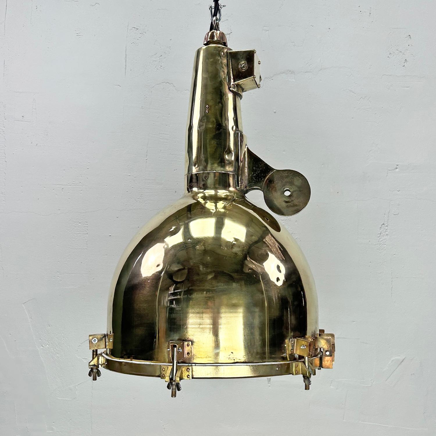 Late 20th Century 1970's XL Japanese Brass Marine Nautical Searchlight Pendant Ceiling Lamp For Sale