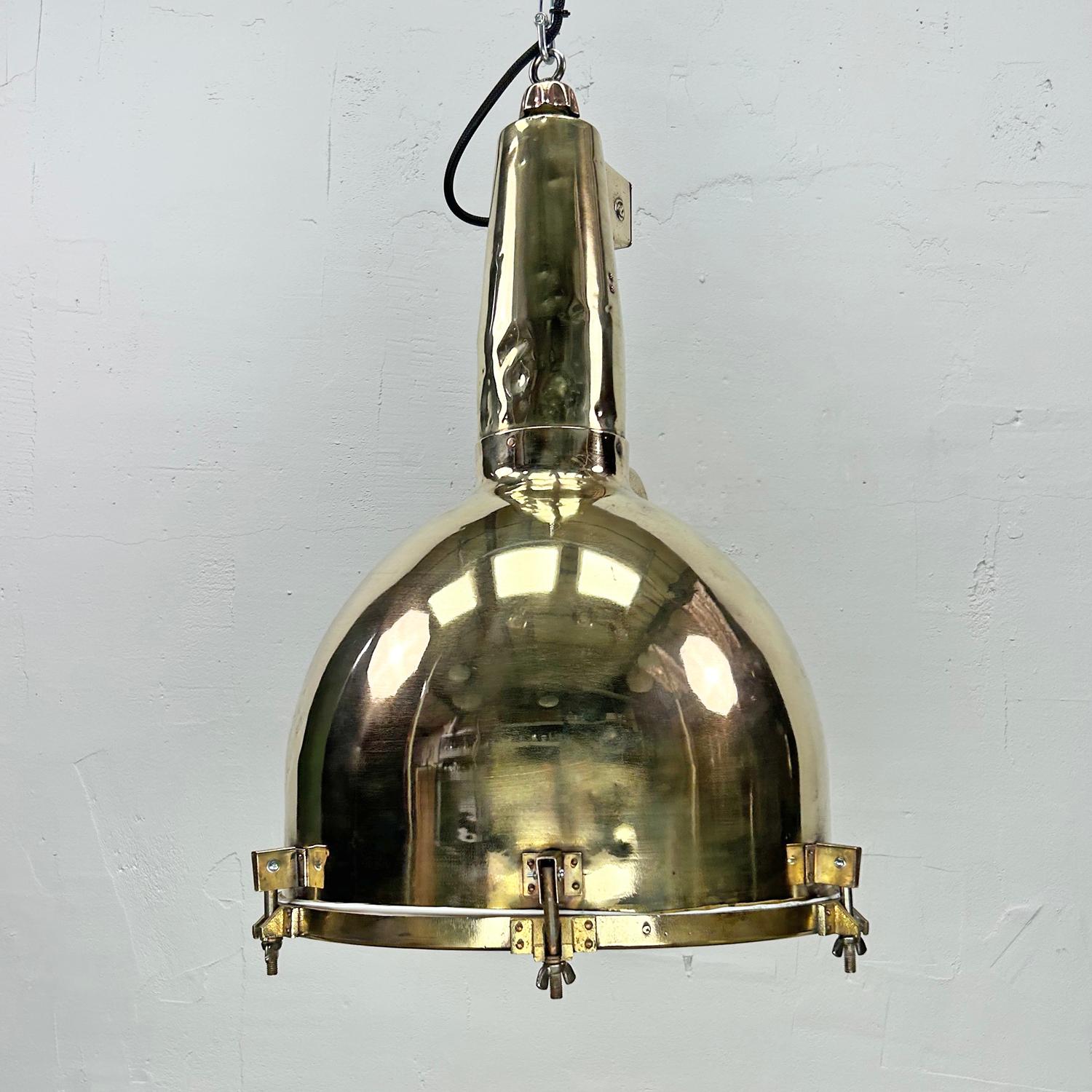 1970's XL Japanese Brass Marine Nautical Searchlight Pendant Ceiling Lamp For Sale 1