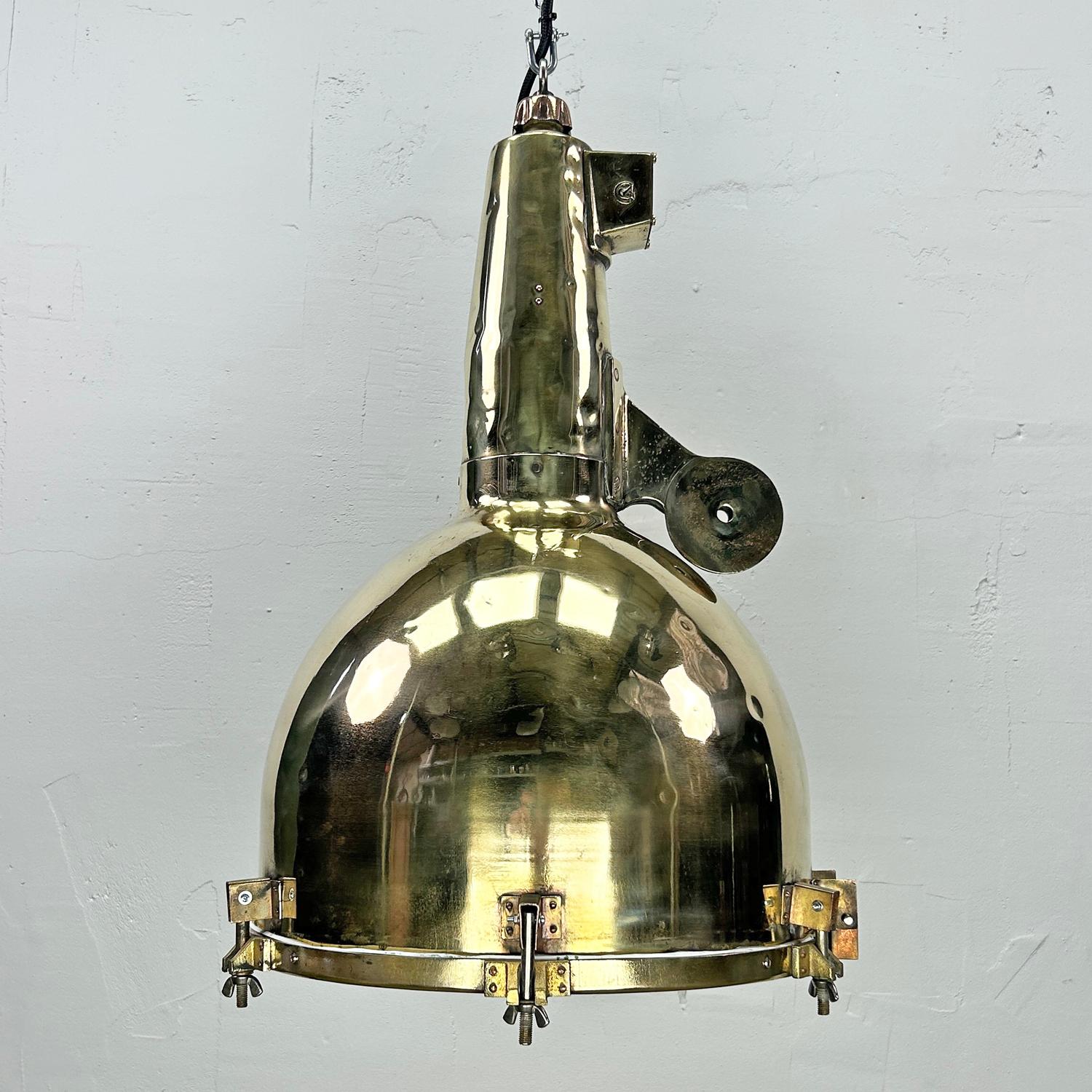 1970's XL Japanese Brass Marine Nautical Searchlight Pendant Ceiling Lamp For Sale 2