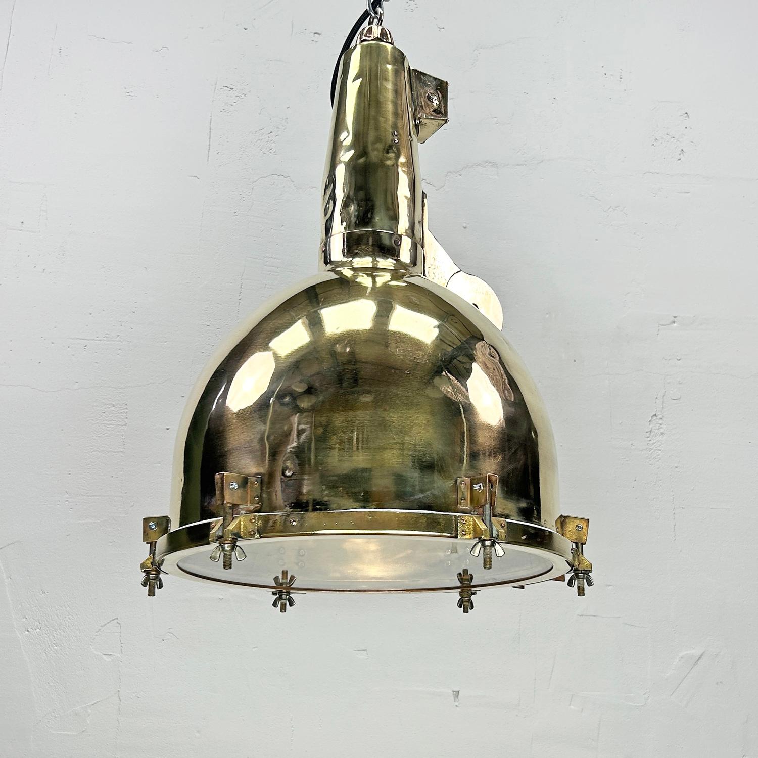 1970's XL Japanese Brass Marine Nautical Searchlight Pendant Ceiling Lamp For Sale 3