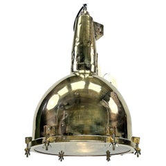 Used 1970's XL Japanese Brass Marine Nautical Searchlight Pendant Ceiling Lamp