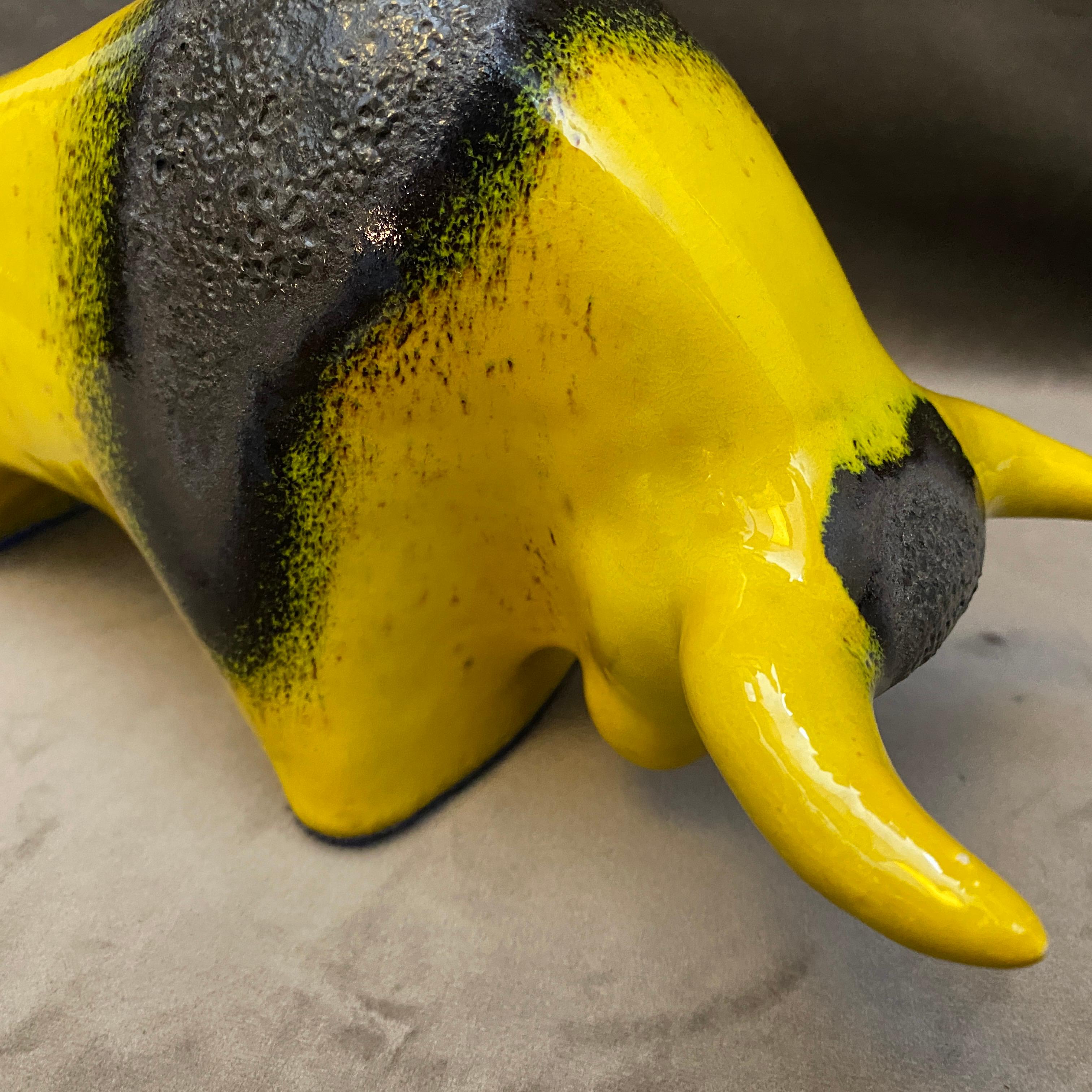 Mid-Century Modern 1970s Yellow and Black Fat Lava Ceramic West German Bull by Otto Keramik