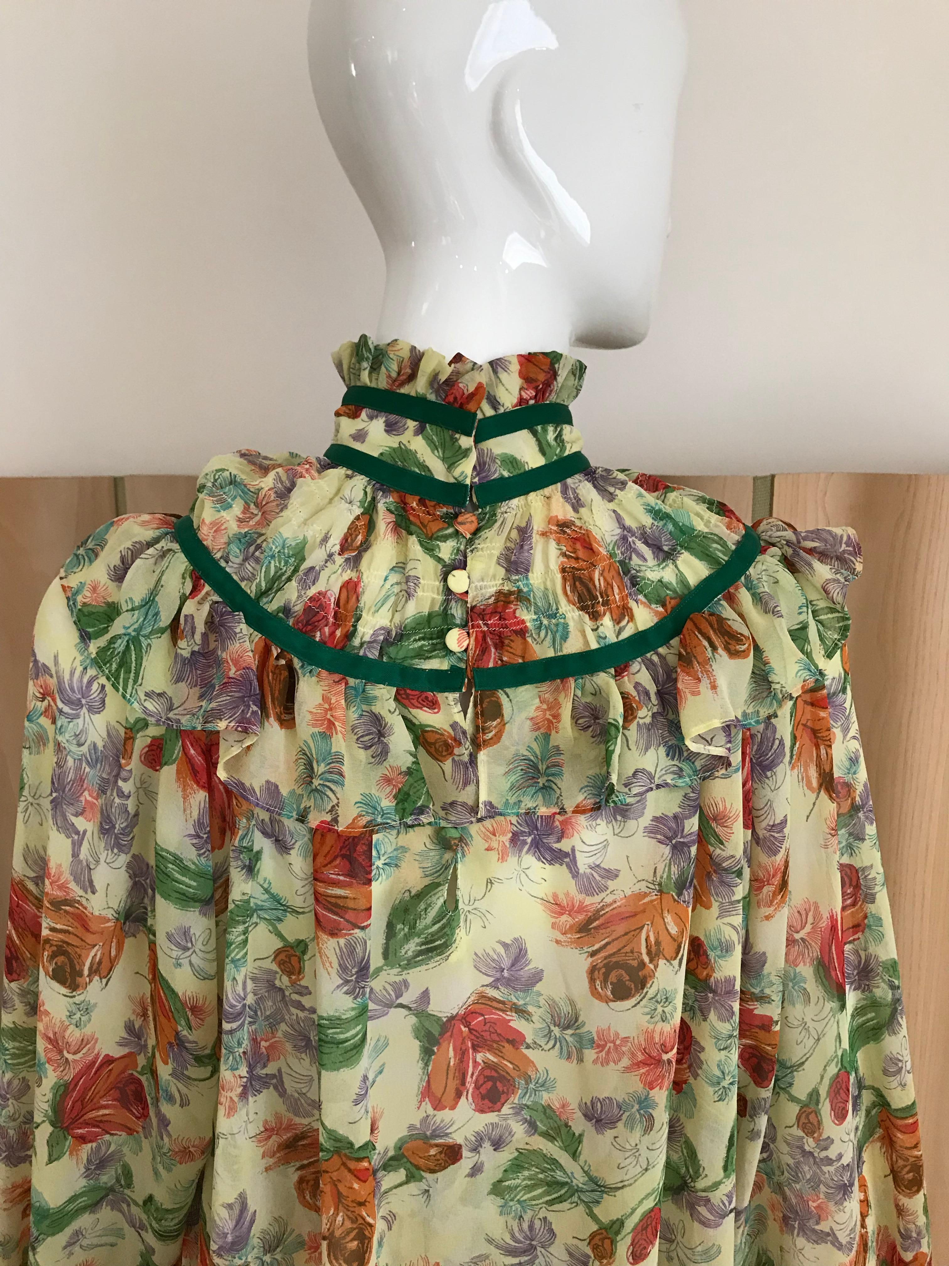  1970s Yellow and Green Floral Print Blouse and Skirt Set  2