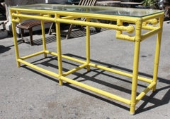 1970s Yellow Bamboo Console Table with Glass Top