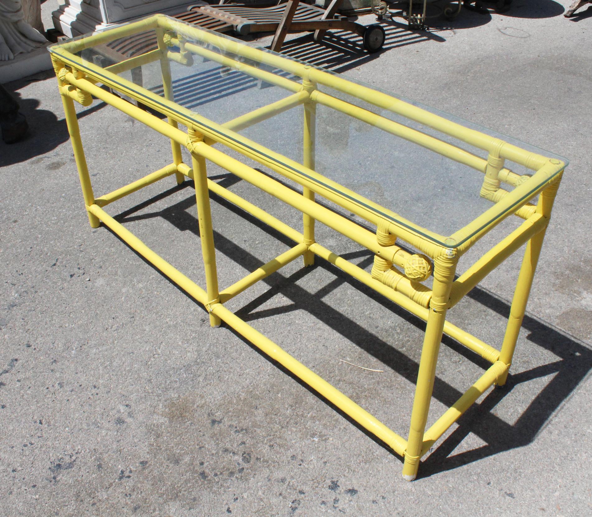 Spanish 1970s Yellow Bamboo Console Table with Glass Top For Sale