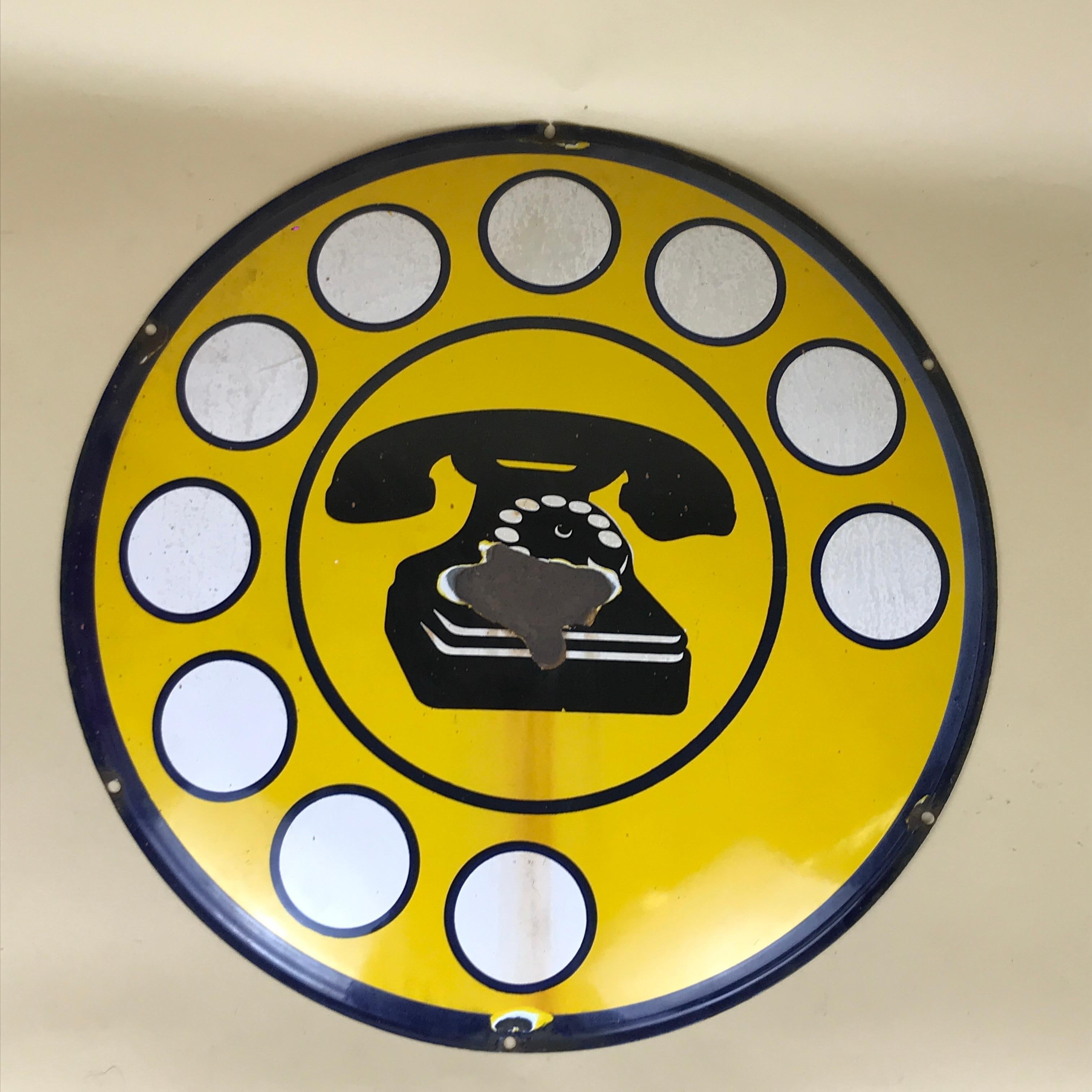 Mid-Century Modern 1970s Yellow Curved Enamel Metal Vintage Italian Telephone Sign, Sip For Sale
