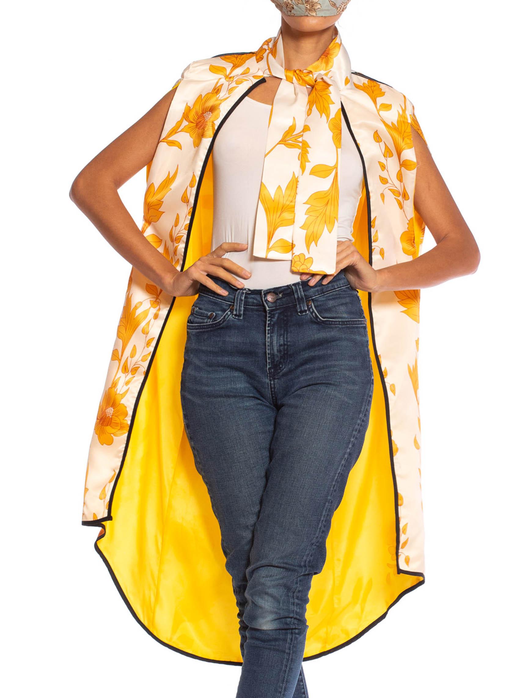 White 1970S Yellow Floral Polyester Satin Summer Beach Cape