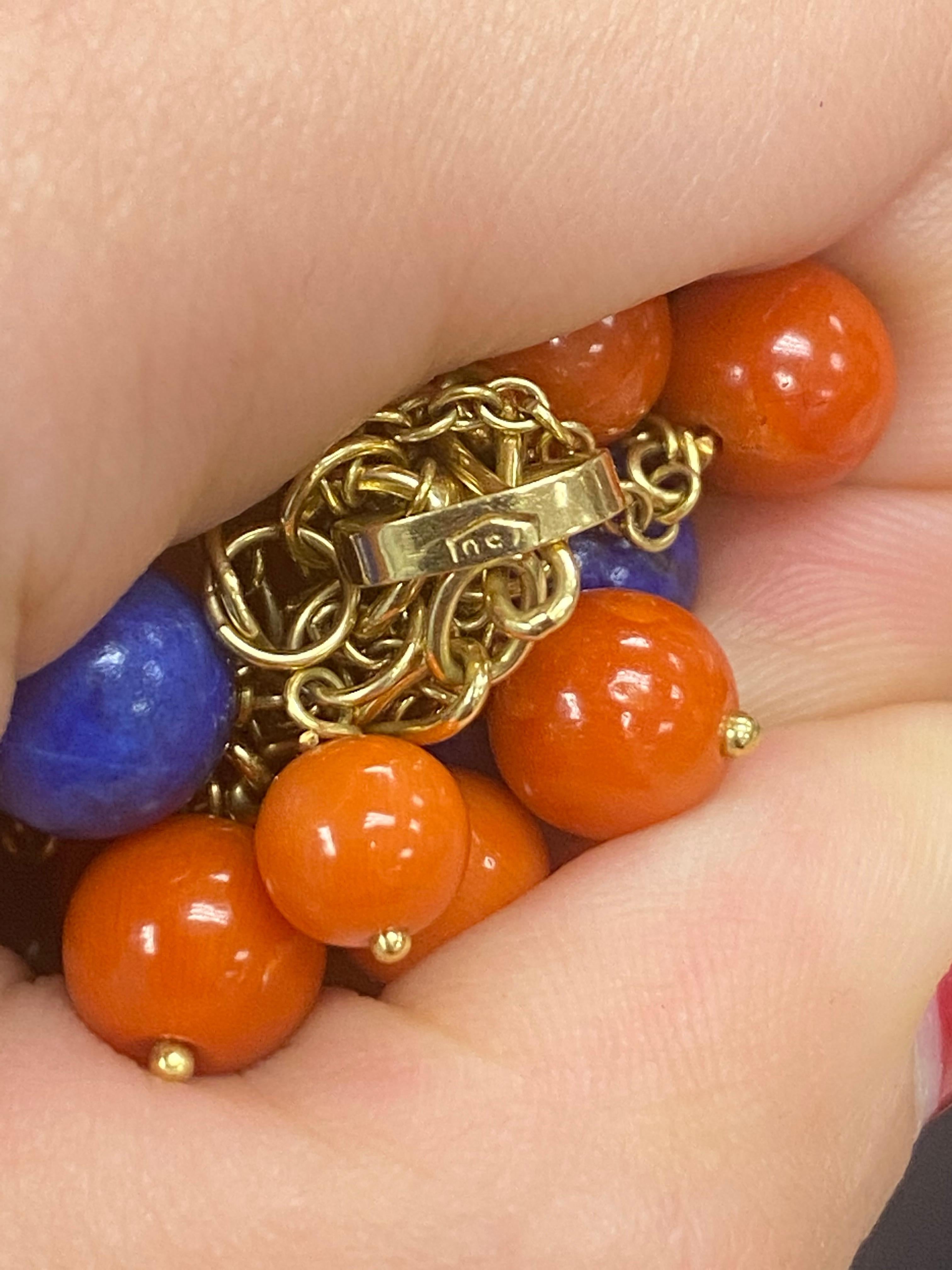 1970's Yellow Gold Chain with Lapis and Coral Bead Pendant Necklace 5