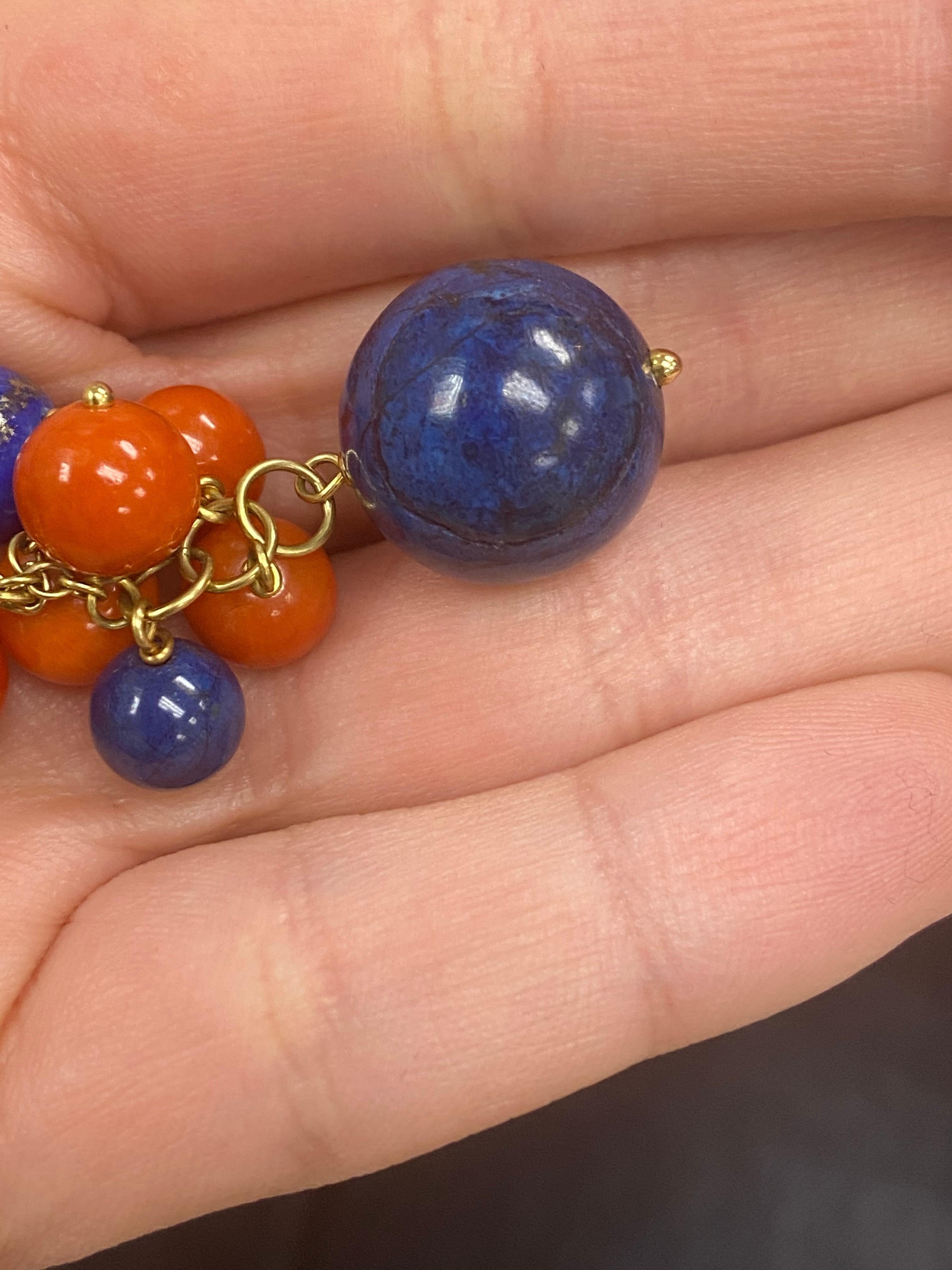 1970's Yellow Gold Chain with Lapis and Coral Bead Pendant Necklace 7