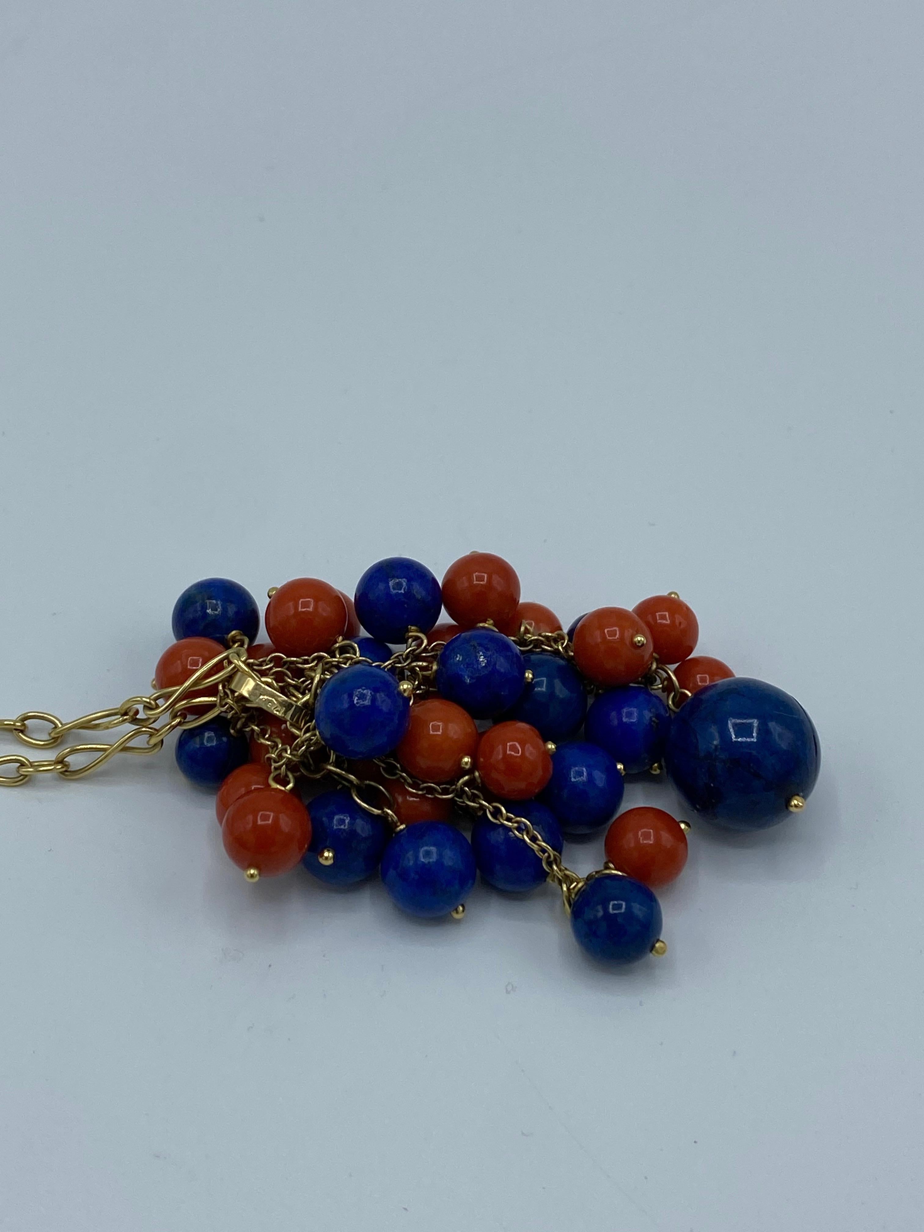 Women's or Men's 1970's Yellow Gold Chain with Lapis and Coral Bead Pendant Necklace