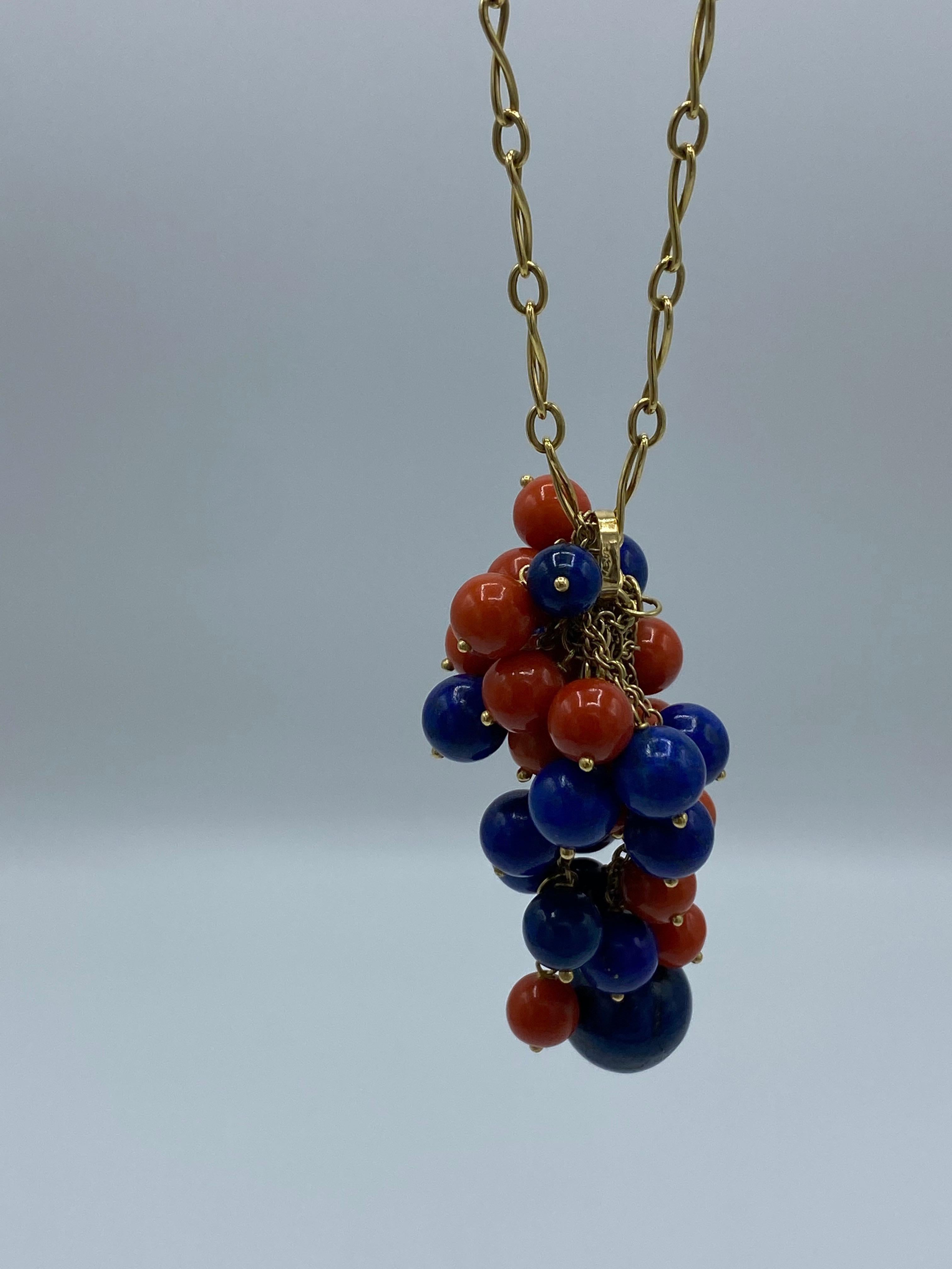 1970's Yellow Gold Chain with Lapis and Coral Bead Pendant Necklace 1