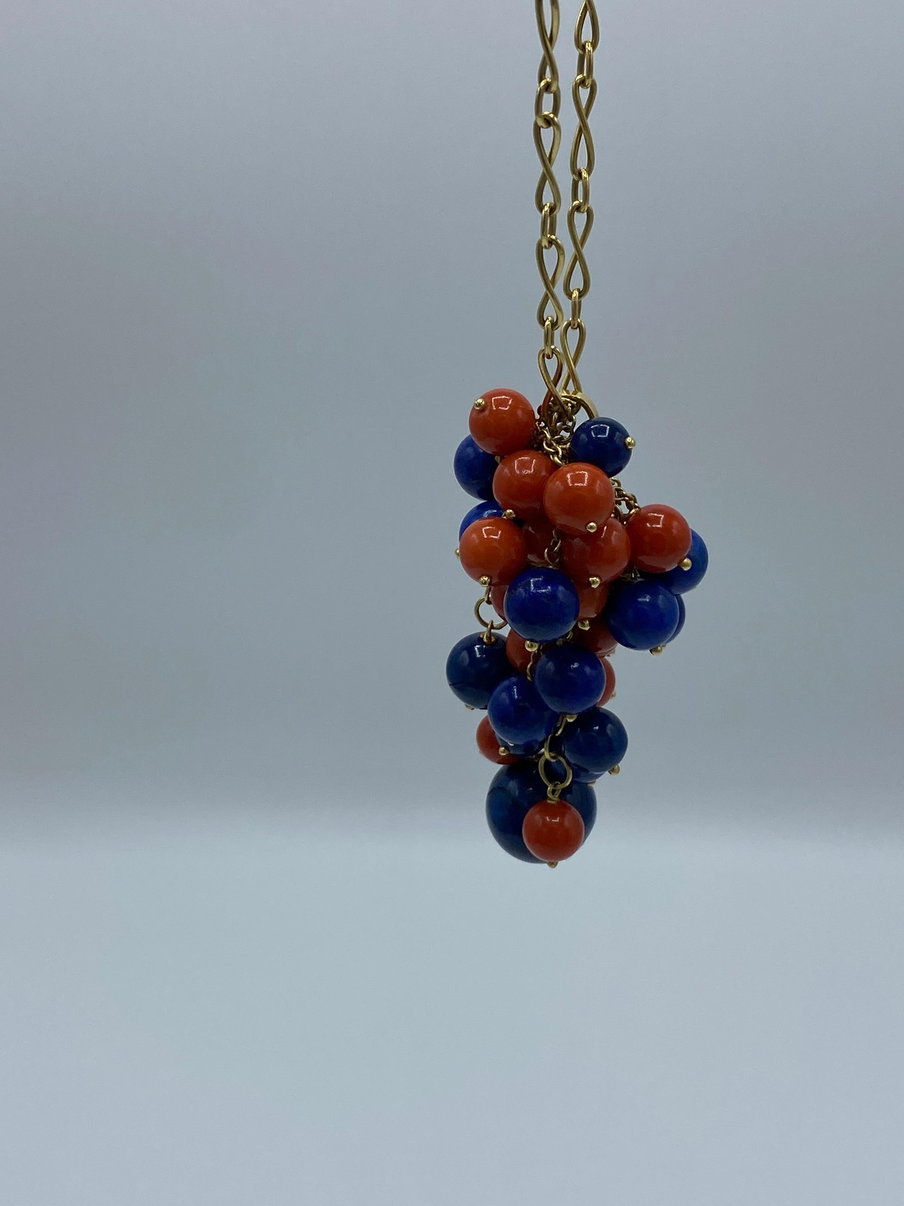 1970's Yellow Gold Chain with Lapis and Coral Bead Pendant Necklace 2