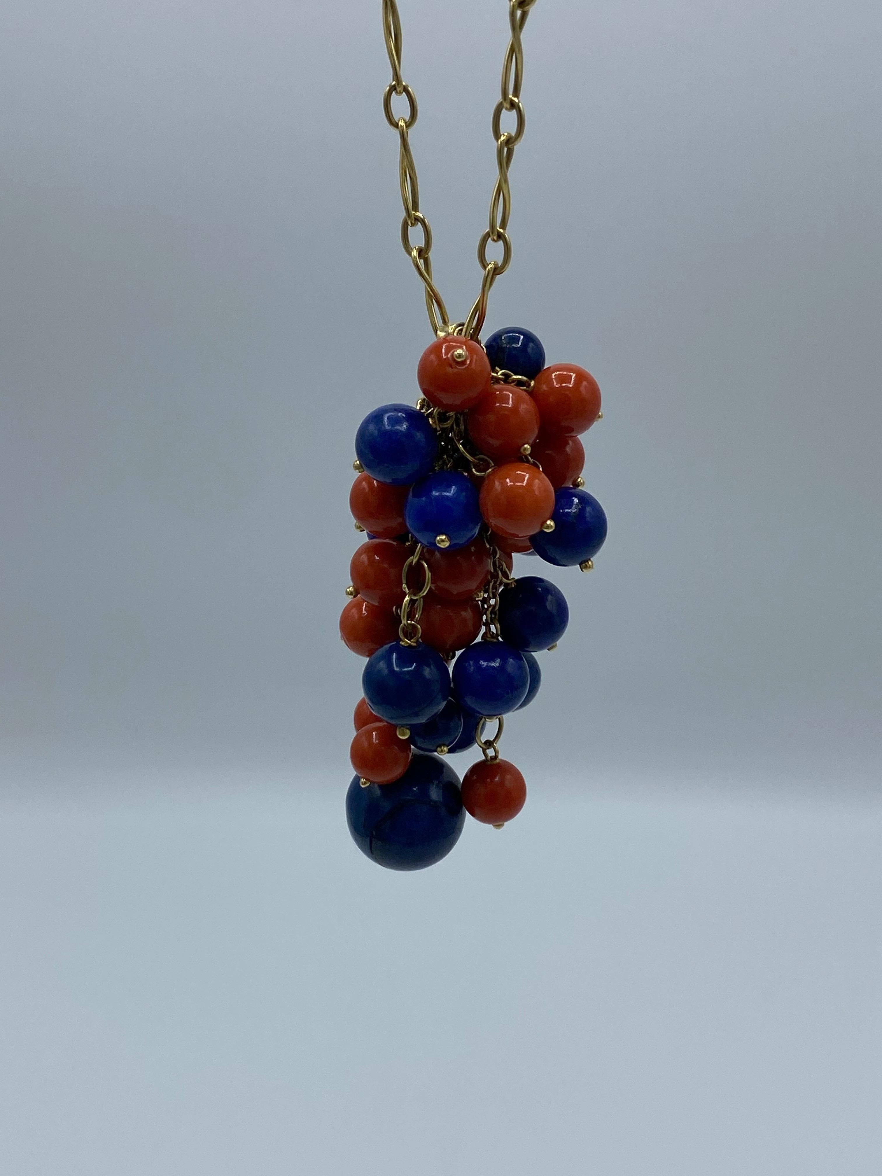 1970's Yellow Gold Chain with Lapis and Coral Bead Pendant Necklace 3