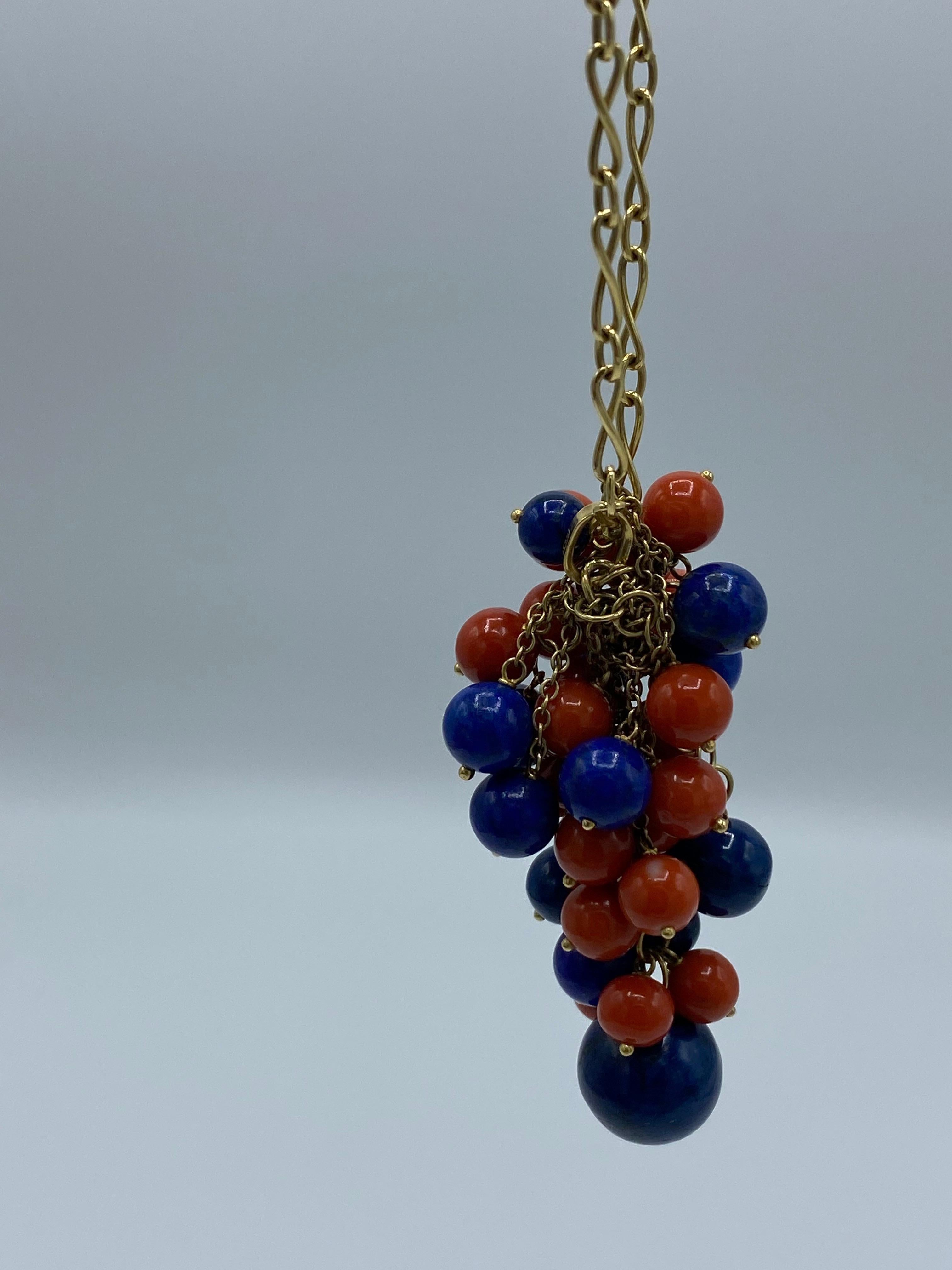 1970's Yellow Gold Chain with Lapis and Coral Bead Pendant Necklace 4