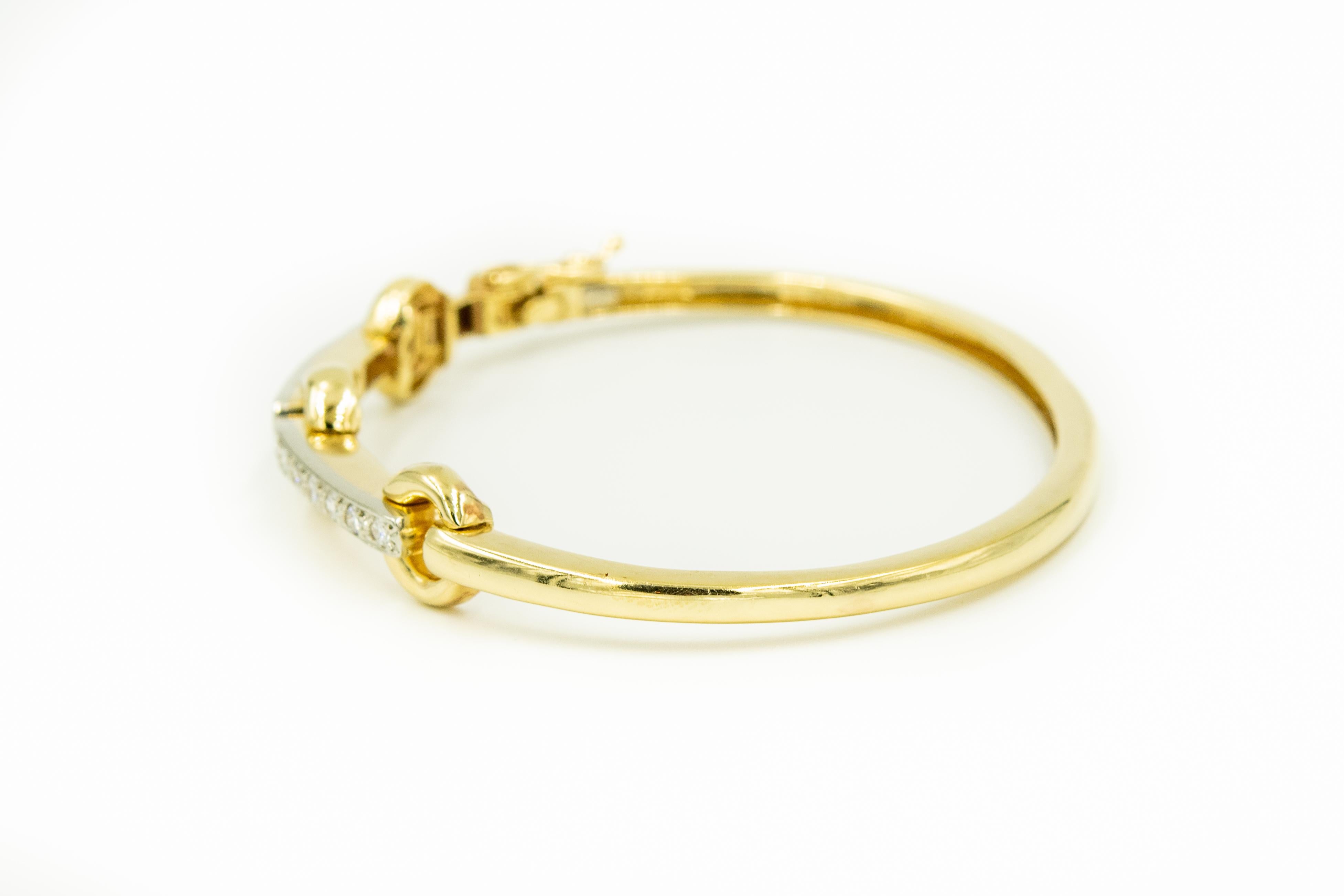 Single Cut 1970s Yellow Gold Circle and Diamond Bar Bangle Bracelet