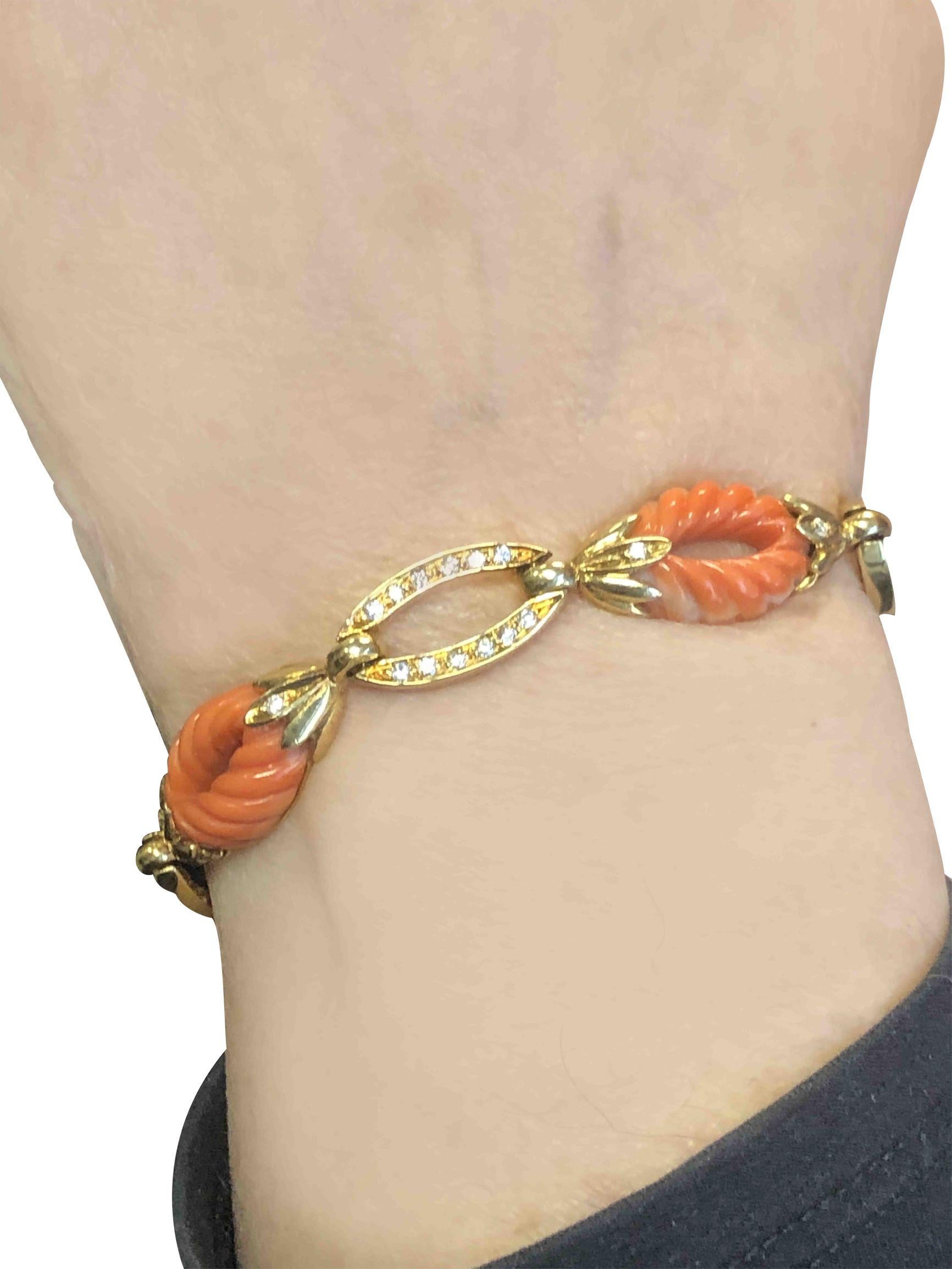 1970s Yellow Gold Diamond and Coral Bracelet For Sale 1