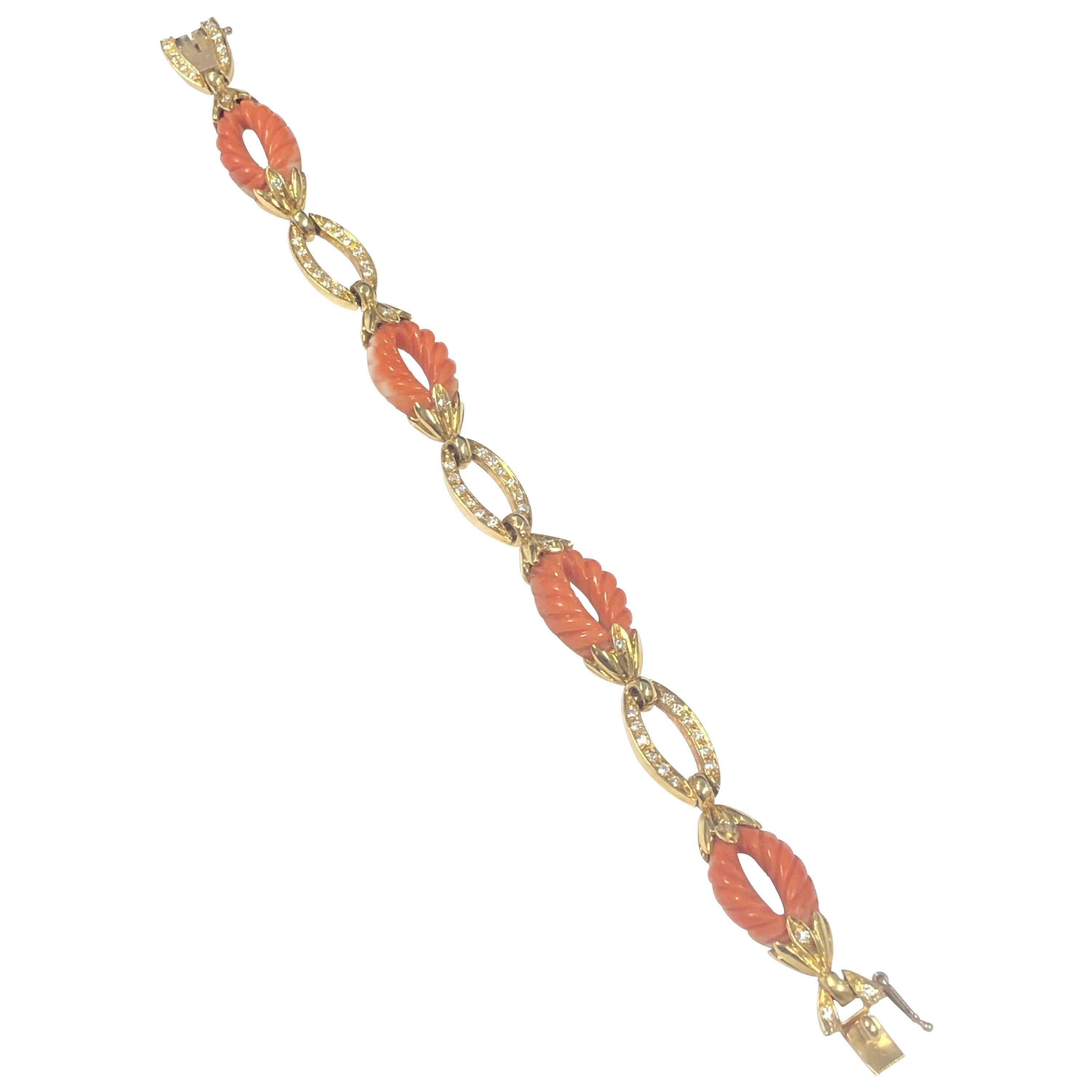 1970s Yellow Gold Diamond and Coral Bracelet