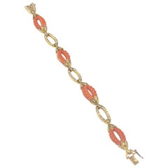 Vintage 1970s Yellow Gold Diamond and Coral Bracelet
