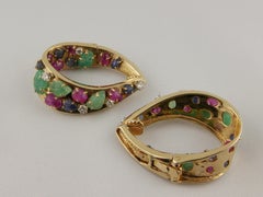 1970s Yellow Gold Diamond Fruit Salad Swirl Hoop Earrings