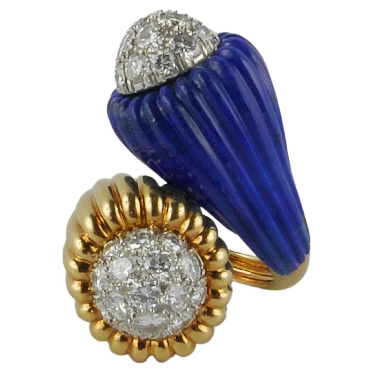 Gelbgold, Platin, Diamant und Lapislazuli-Kontrarié-Ring aus den 1970er Jahren