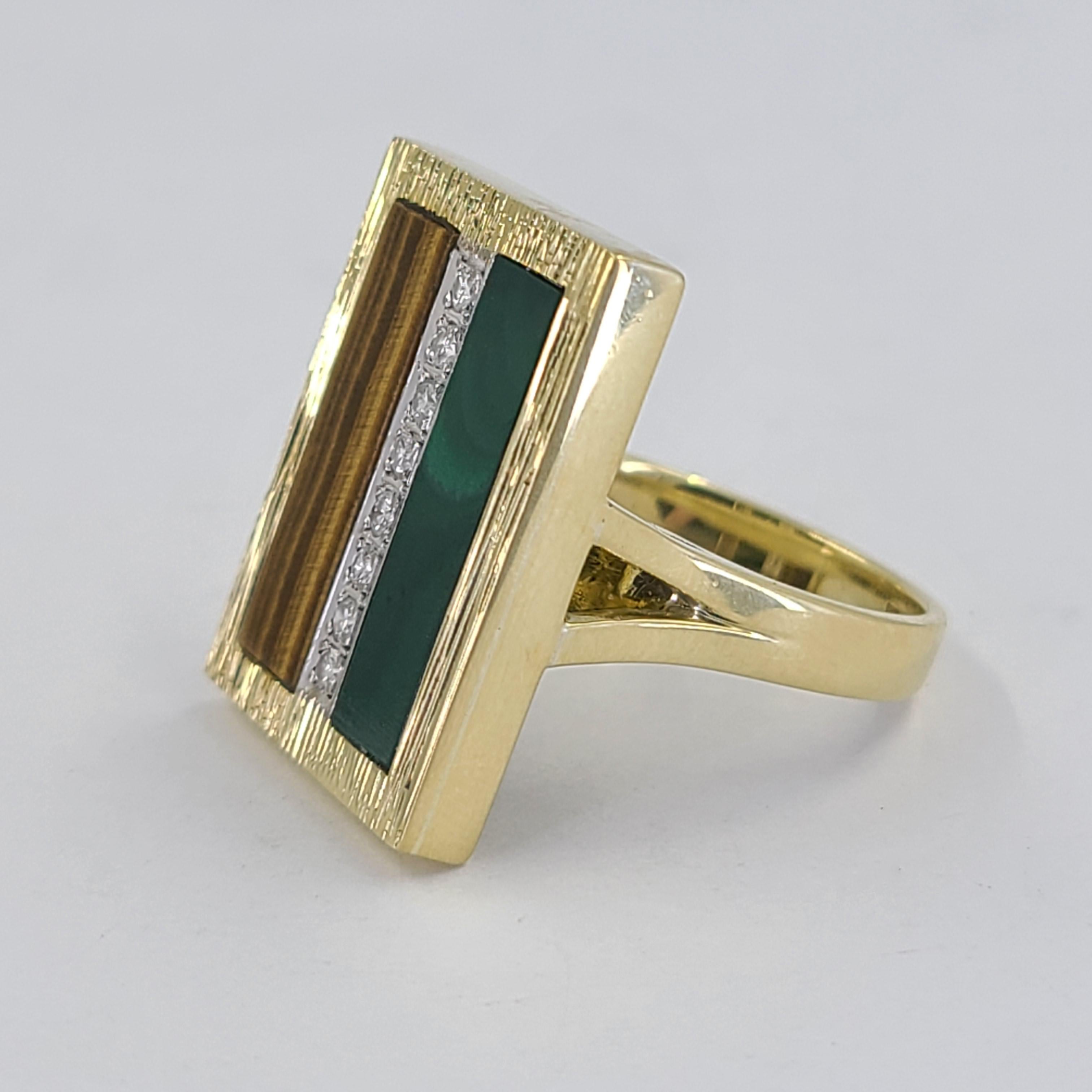 Round Cut 1970s Yellow Gold Tiger Eye, Malachite, and Diamond Cocktail Ring