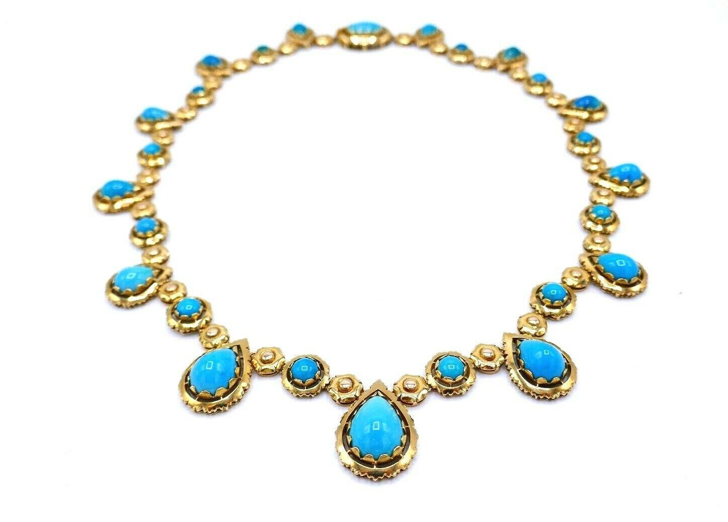 1970s Yellow Gold Turquoise Necklace Earrings Set In Excellent Condition In Beverly Hills, CA