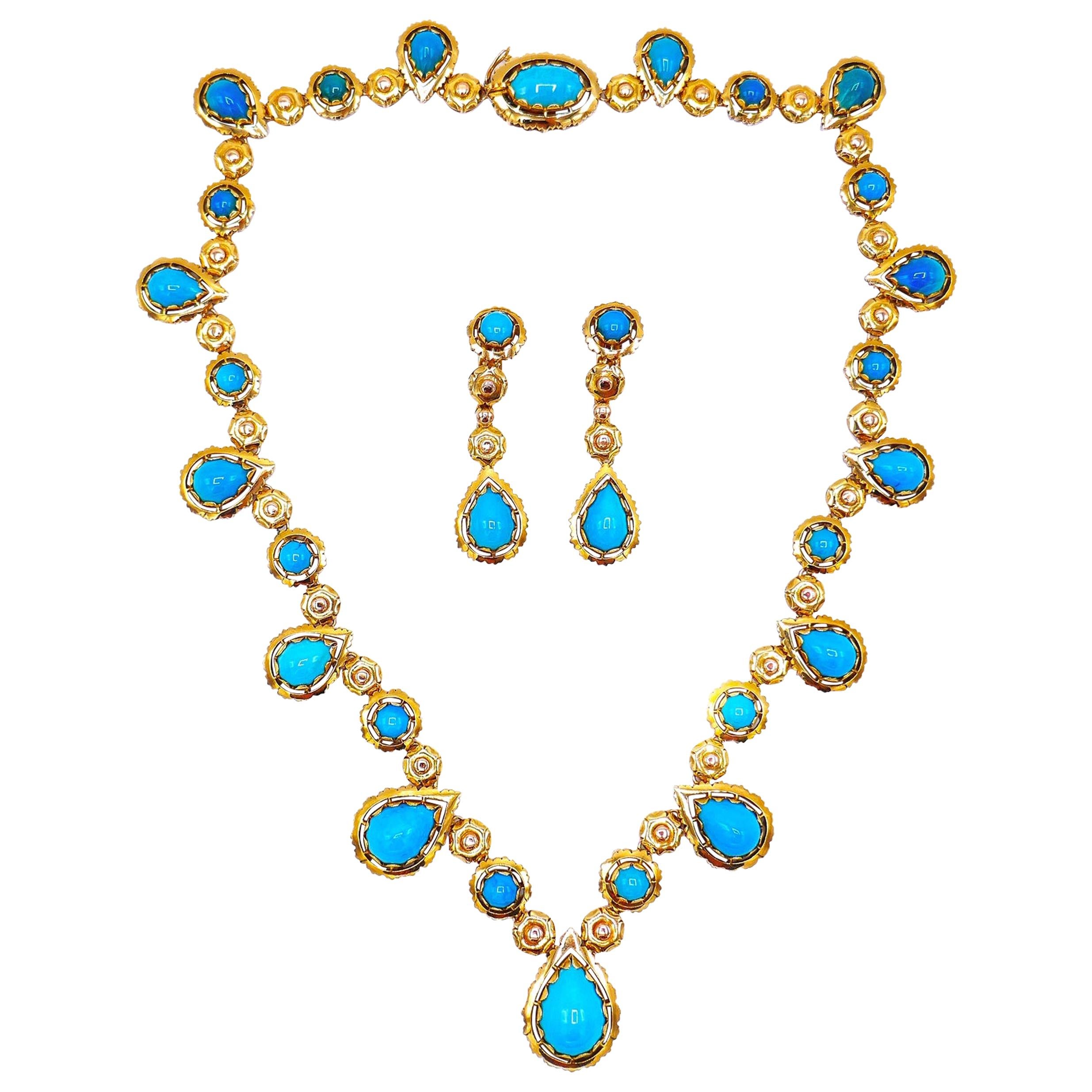 1970s Yellow Gold Turquoise Necklace Earrings Set