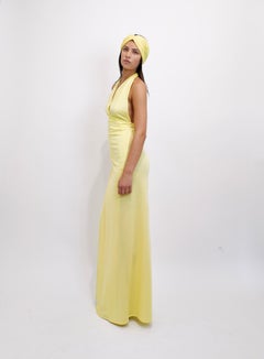 1970s Yellow Jersey Halter Wrap Dress and Turban Set