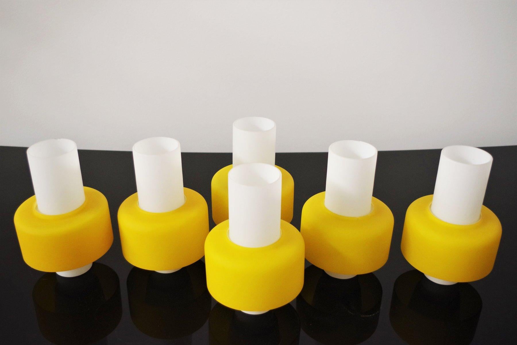 1970s Yellow Metal and Glass 3-Light Chandelier - Mid-Century Modern Elegance For Sale 4